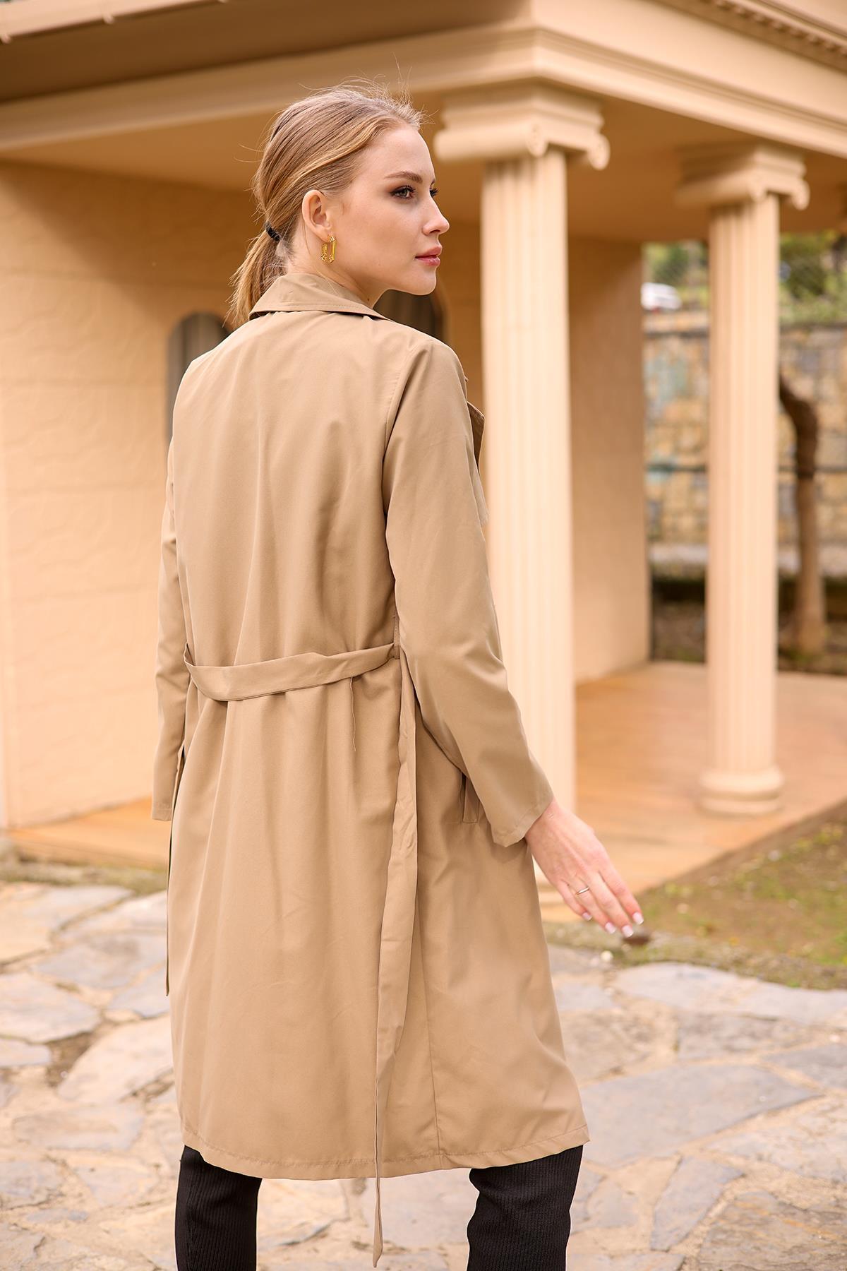 6531-1 Parçalı Düğmeli Trençkot Vizon - 8