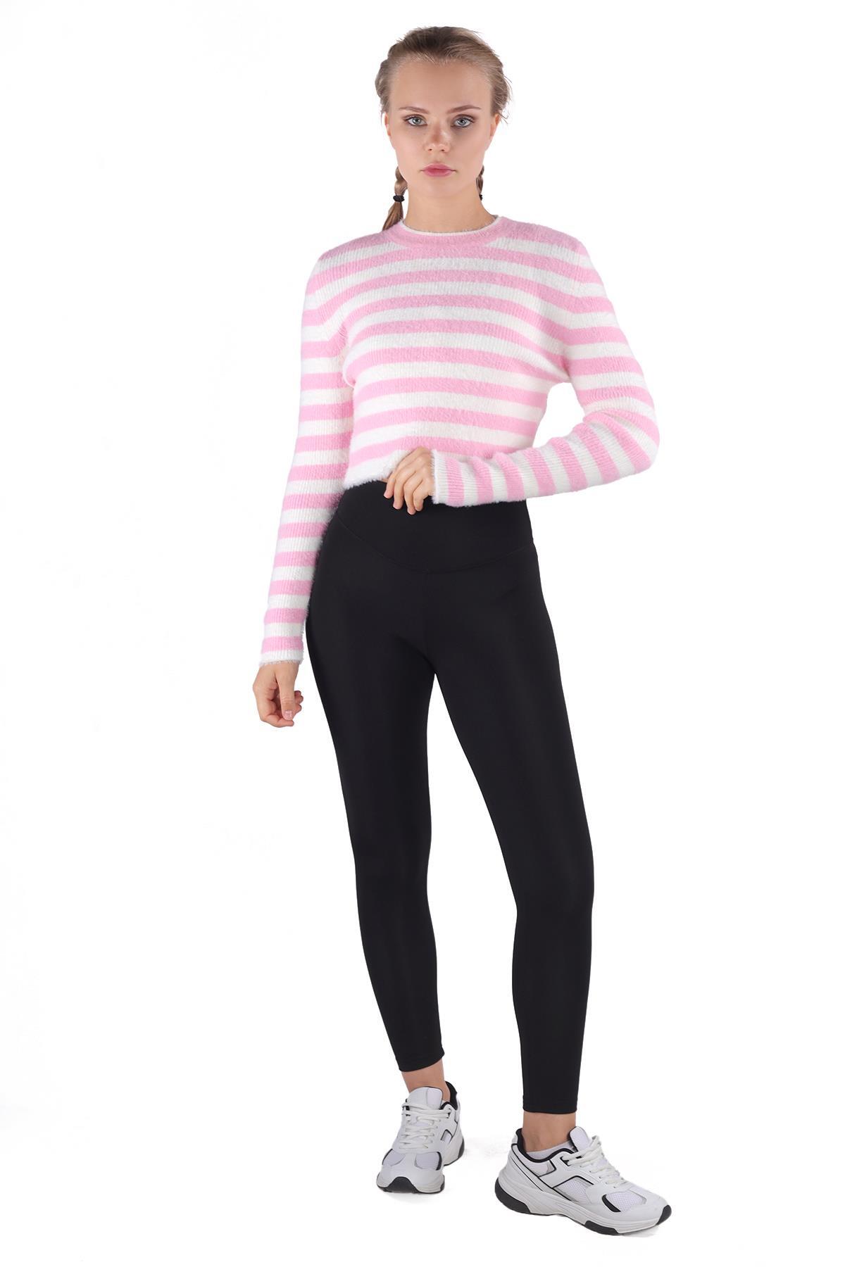 Çizgili Sakallı Yumoş Kazak 6618 Pembe 