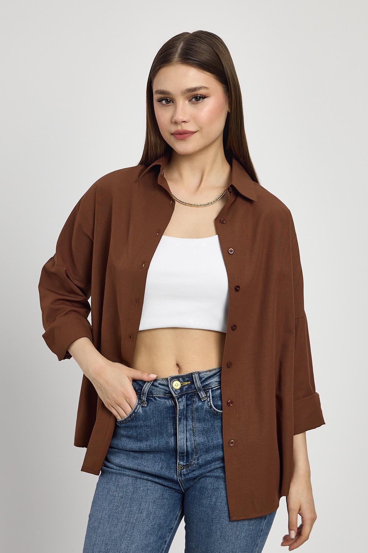 Acı Kahve Relaxed Fit Rahat Kesim Basic Gömlek - 6621A - 2