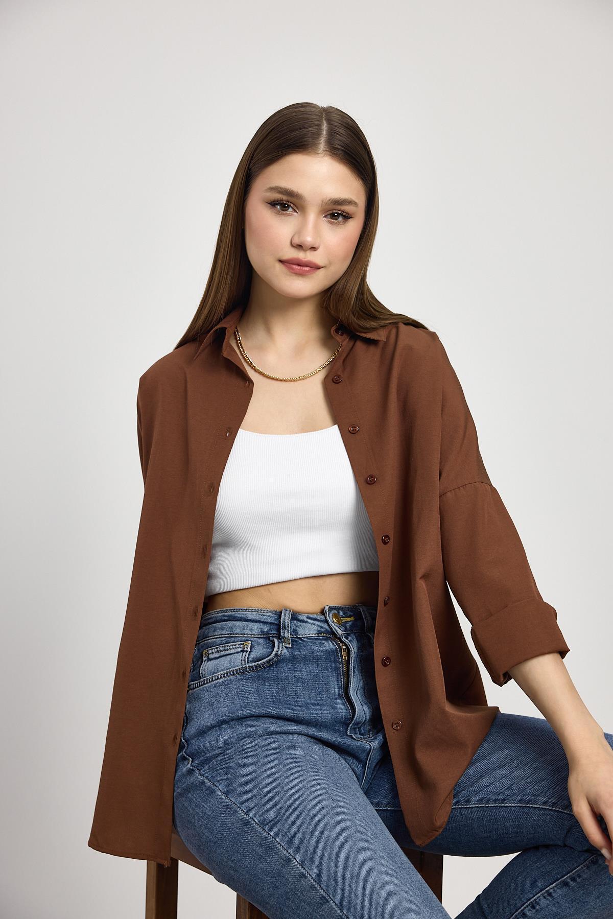 Acı Kahve Relaxed Fit Rahat Kesim Basic Gömlek - 6621A - 1