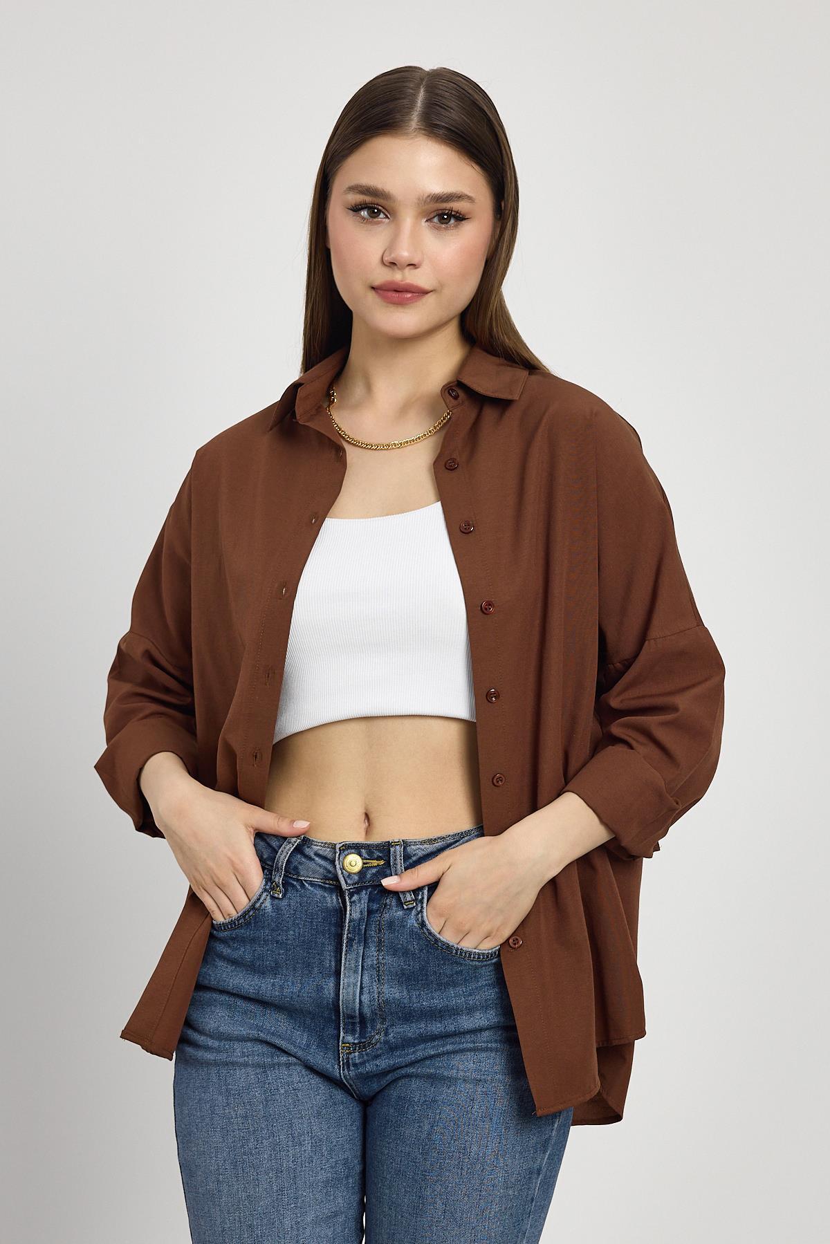 Acı Kahve Relaxed Fit Rahat Kesim Basic Gömlek - 6621A - 7