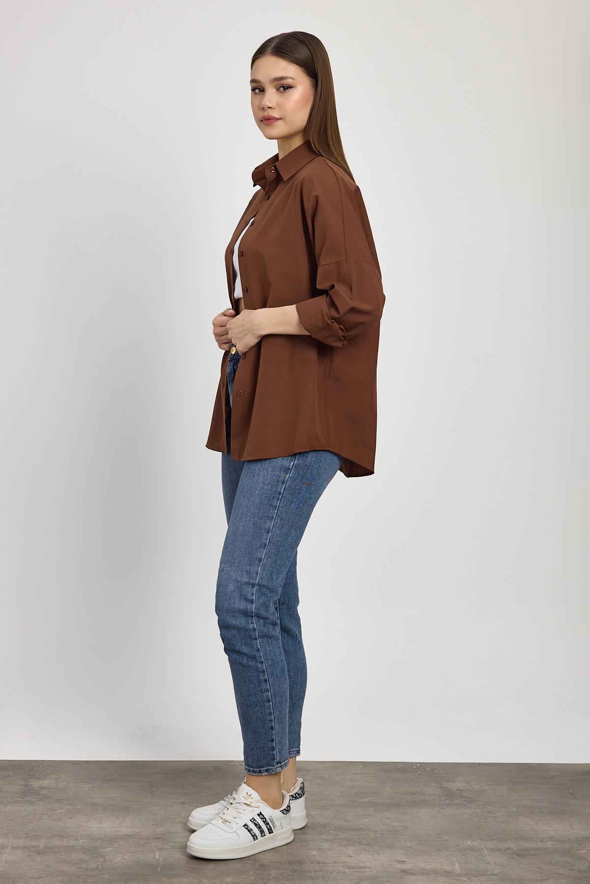 Acı Kahve Relaxed Fit Rahat Kesim Basic Gömlek - 6621A - 6