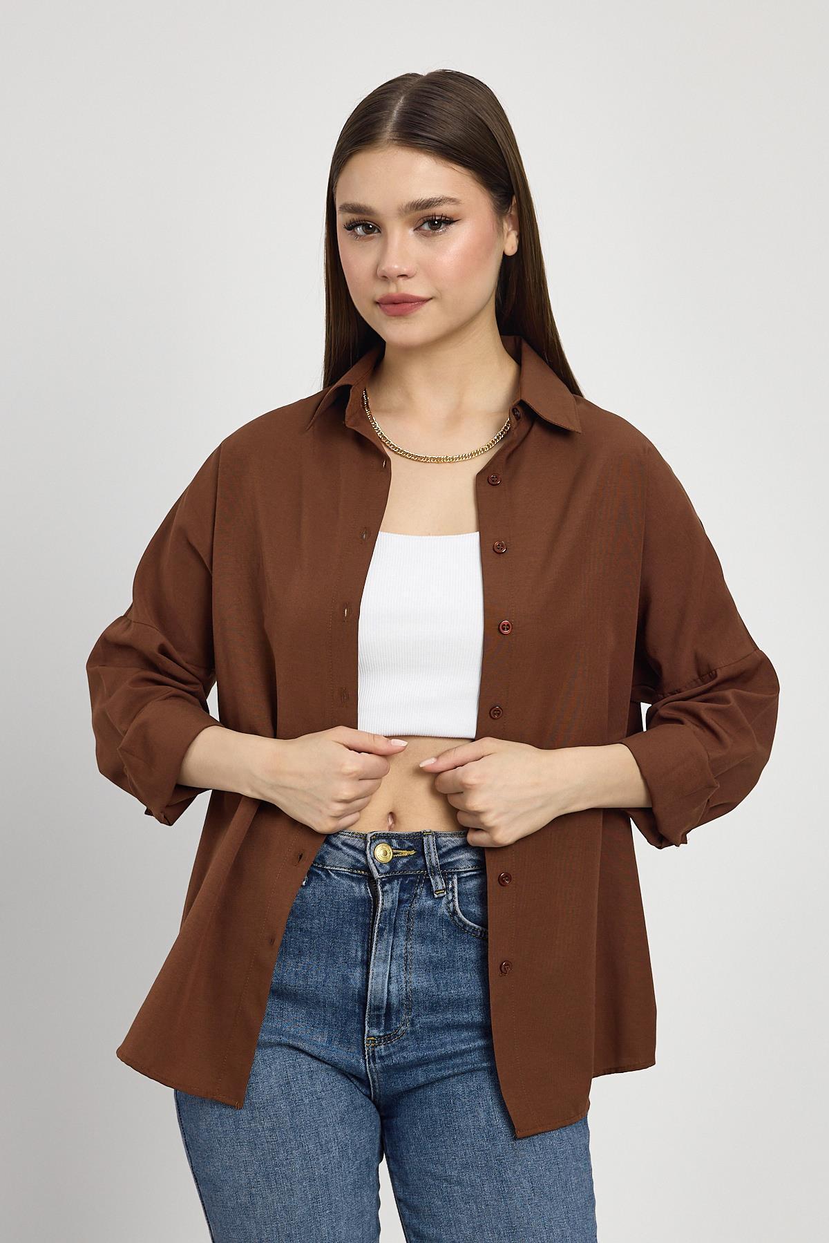 Acı Kahve Relaxed Fit Rahat Kesim Basic Gömlek - 6621A - 8