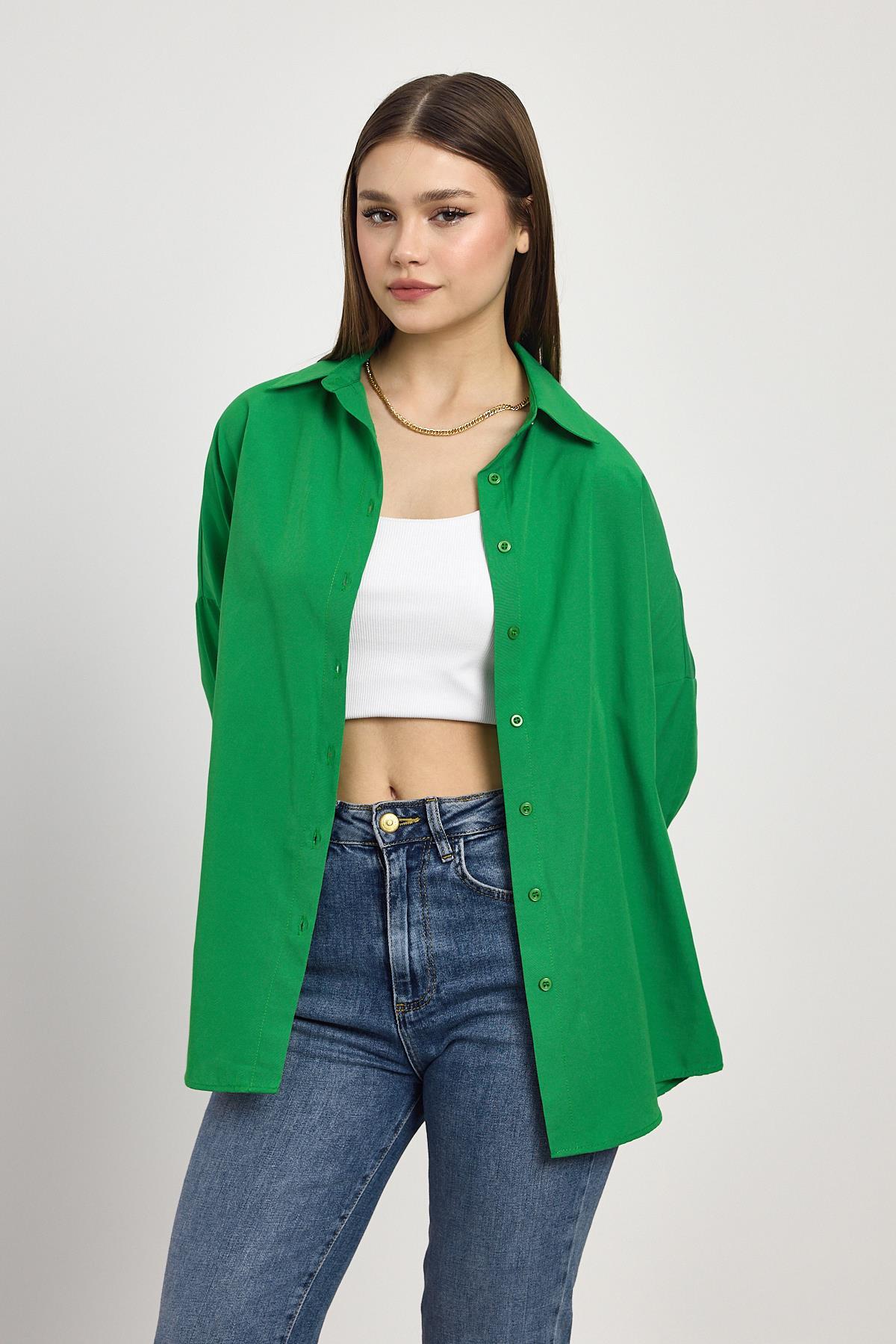 Benetton Yeşili Relaxed Fit Rahat Kesim Basic Gömlek - 6621A - 3