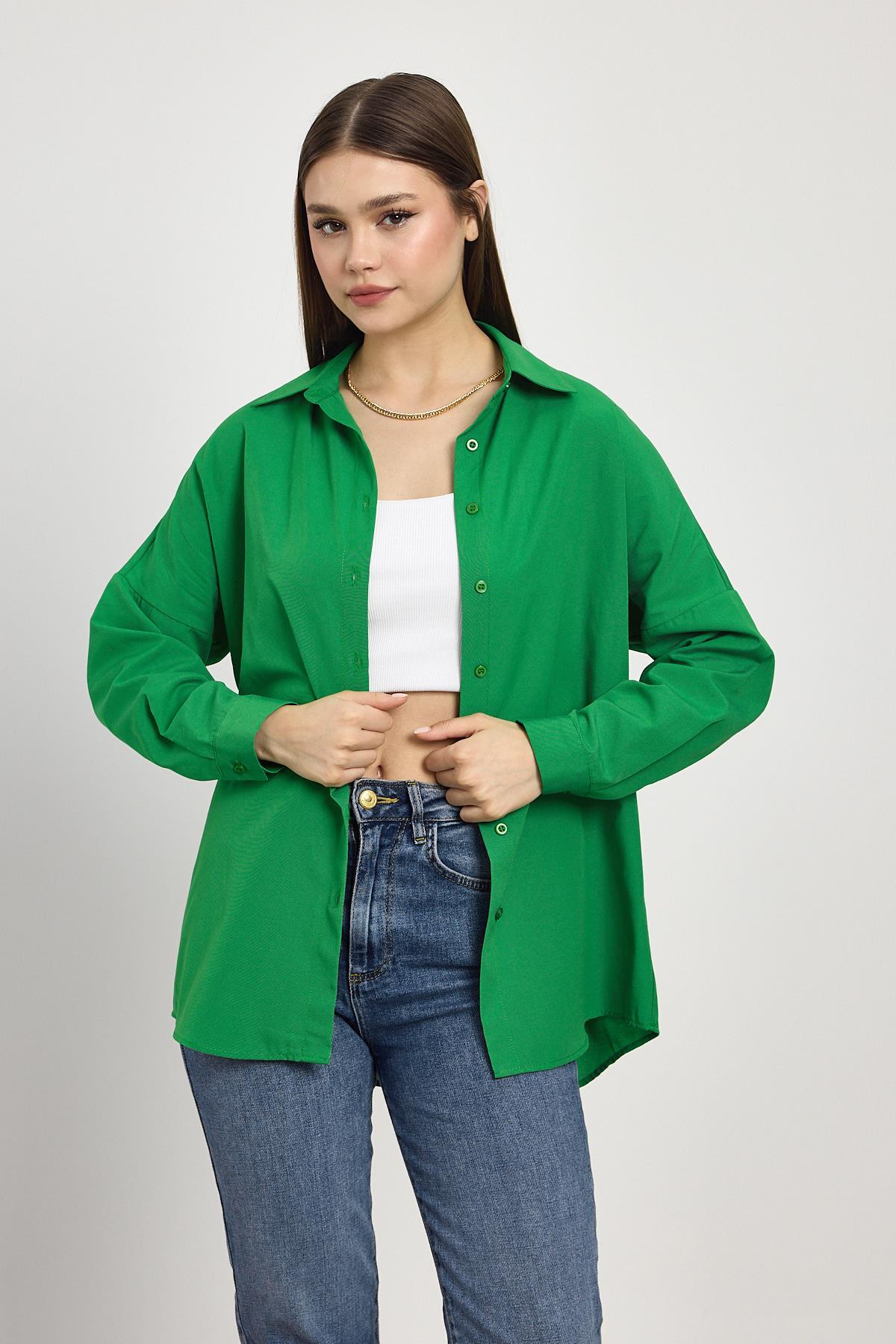 Benetton Yeşili Relaxed Fit Rahat Kesim Basic Gömlek - 6621A - 7