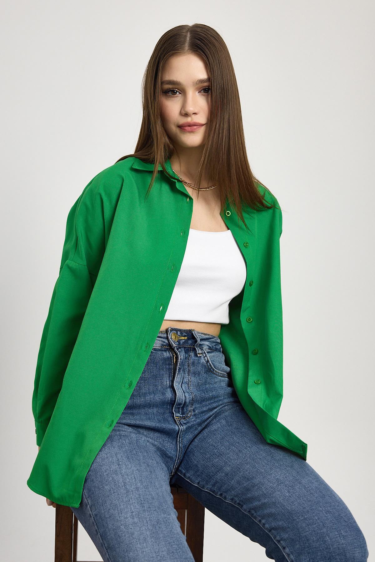 Benetton Yeşili Relaxed Fit Rahat Kesim Basic Gömlek - 6621A - RAYS