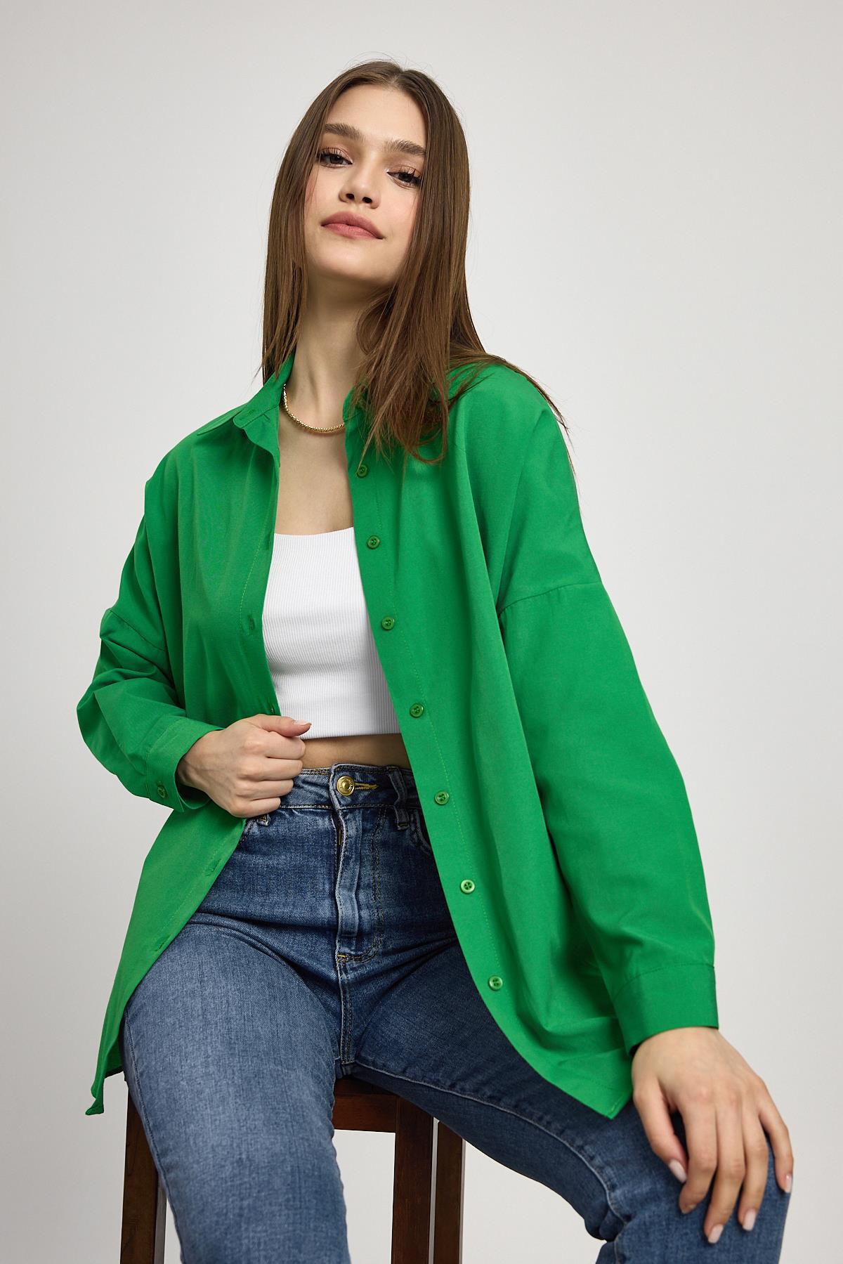 Benetton Yeşili Relaxed Fit Rahat Kesim Basic Gömlek - 6621A - 2