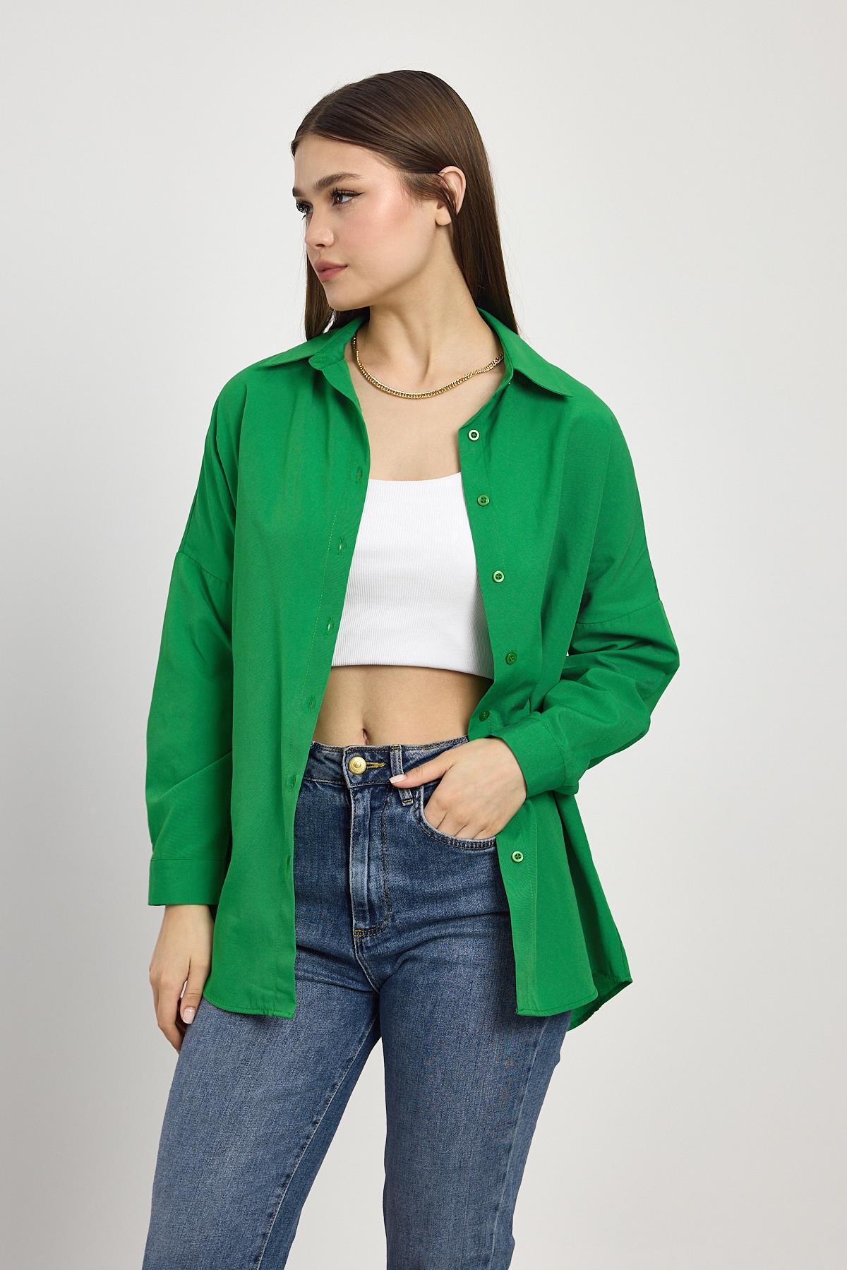 Benetton Yeşili Relaxed Fit Rahat Kesim Basic Gömlek - 6621A - 8