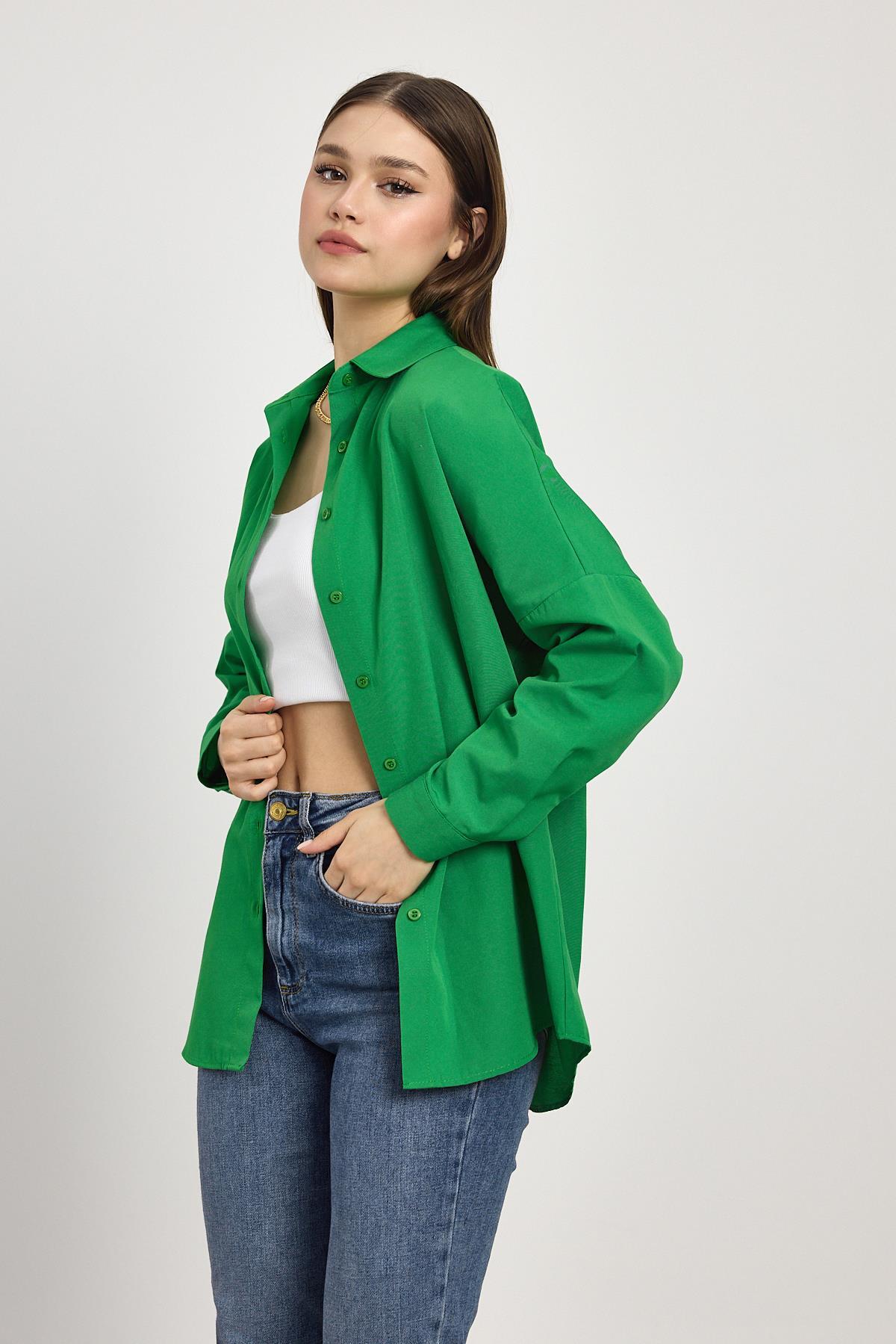 Benetton Yeşili Relaxed Fit Rahat Kesim Basic Gömlek - 6621A - 6