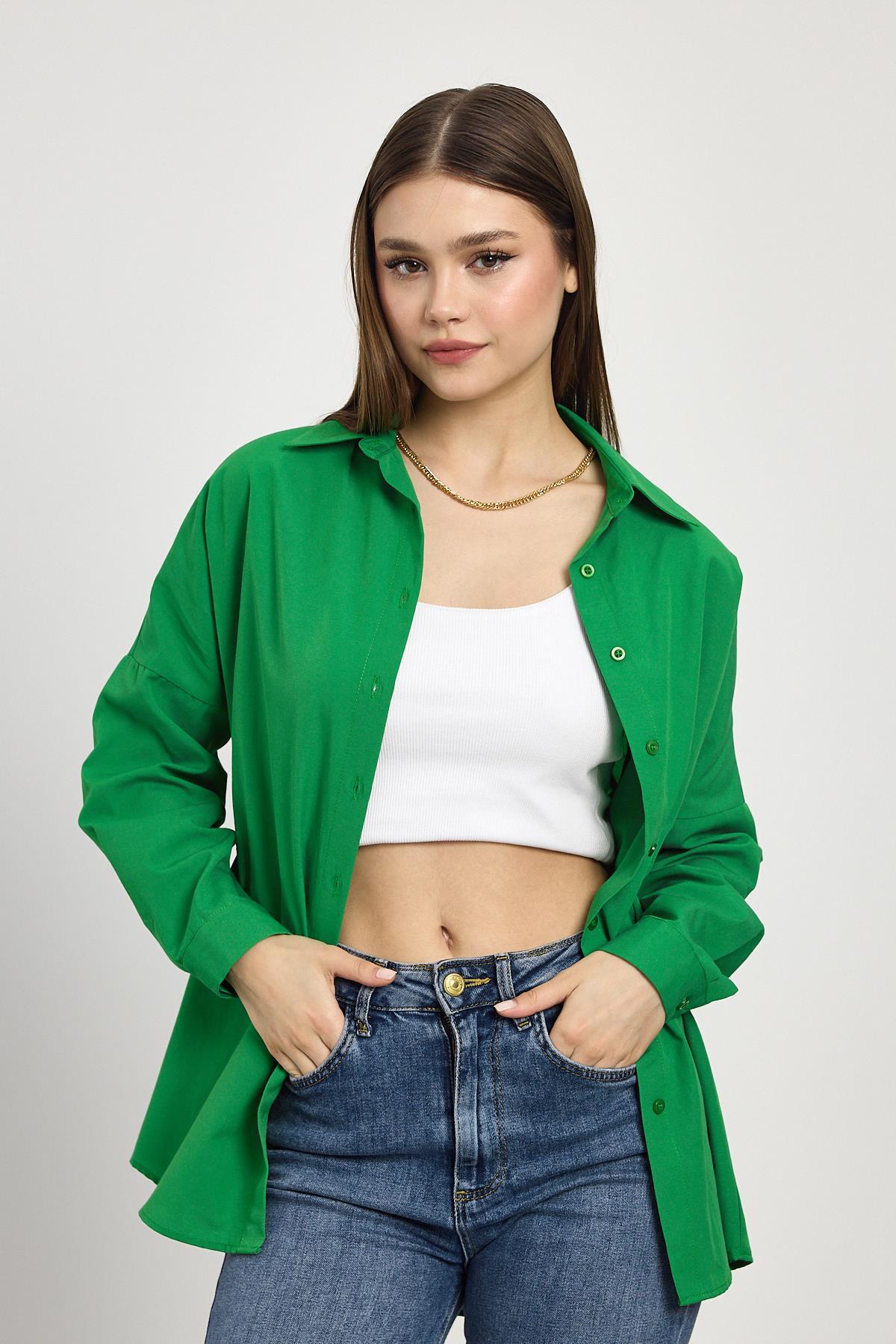 Benetton Yeşili Relaxed Fit Rahat Kesim Basic Gömlek - 6621A - 1