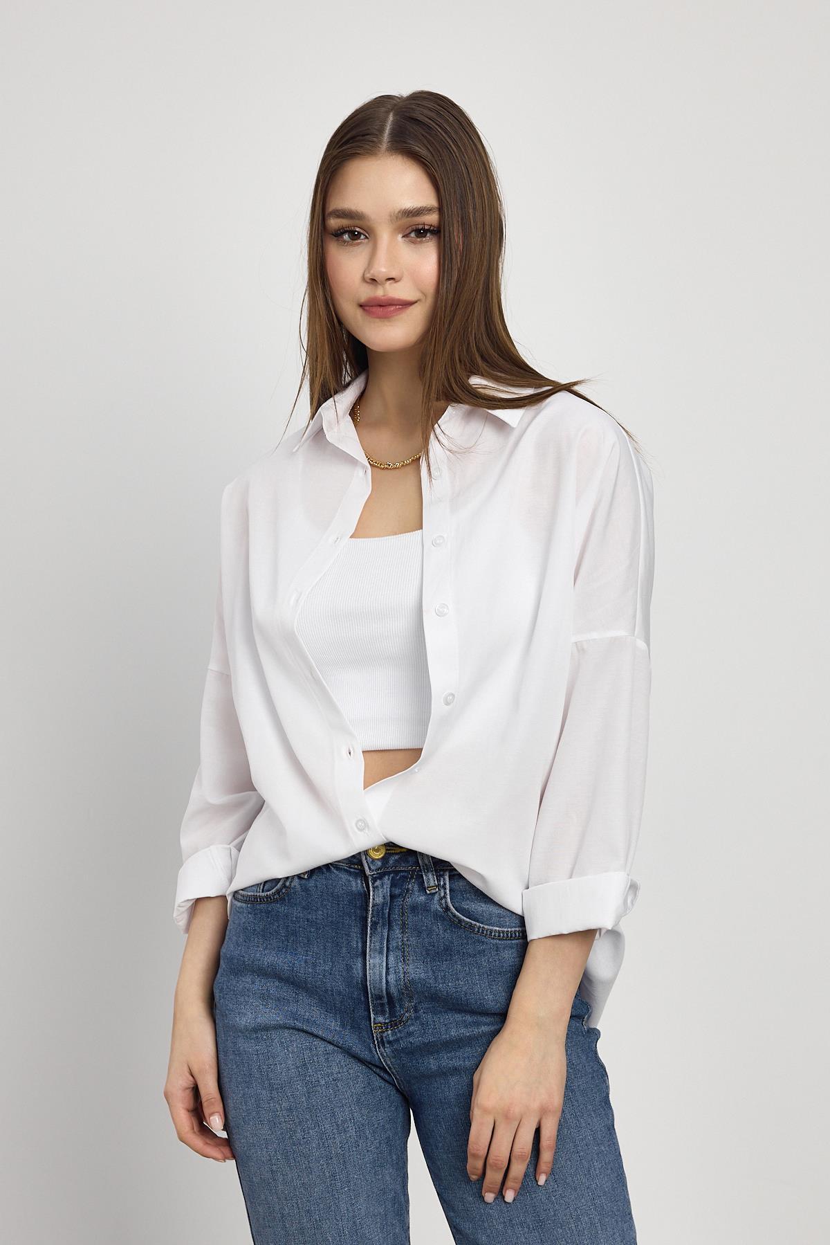 Beyaz Relaxed Fit Rahat Kesim Basic Gömlek - 6621A - 2