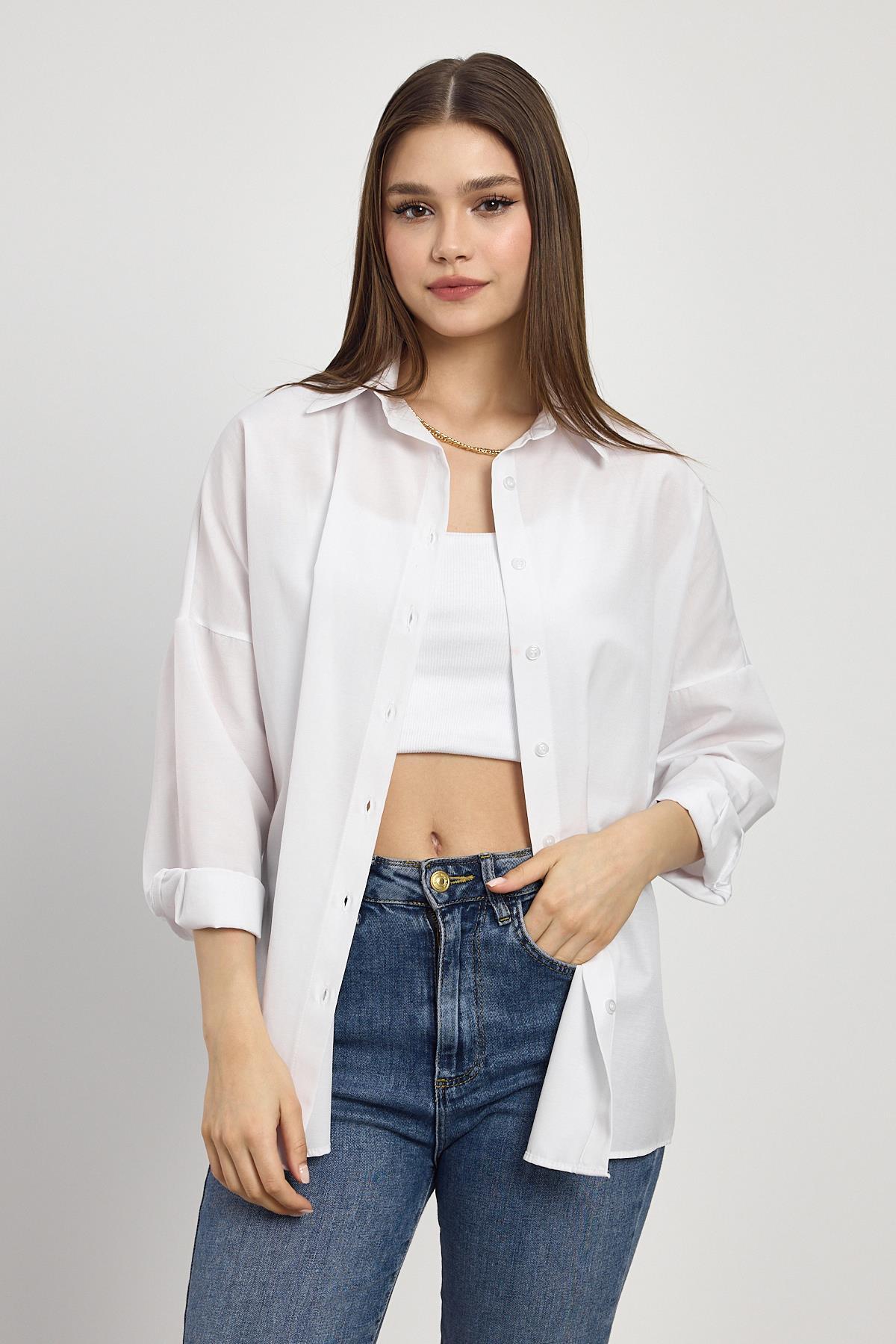 Beyaz Relaxed Fit Rahat Kesim Basic Gömlek - 6621A - 3