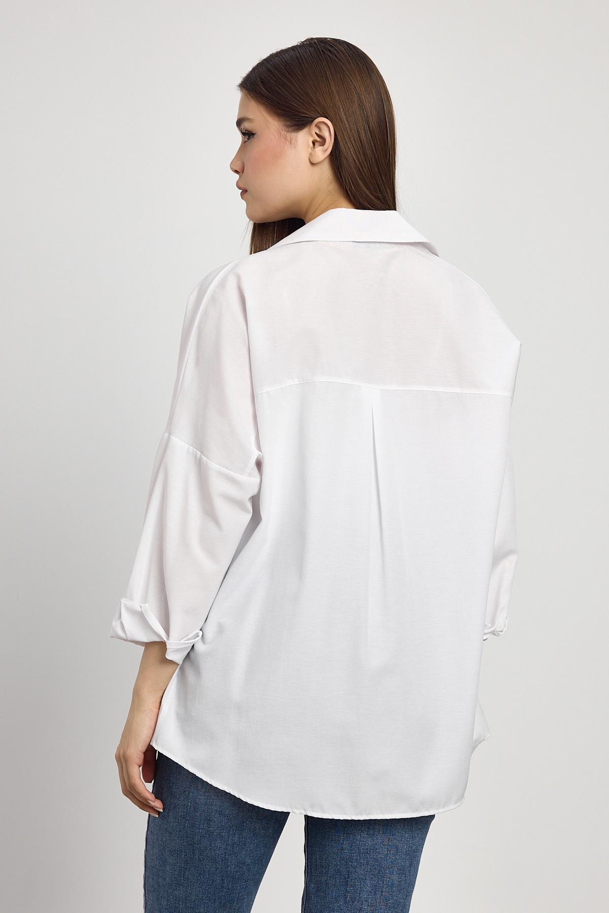 Beyaz Relaxed Fit Rahat Kesim Basic Gömlek - 6621A - 5
