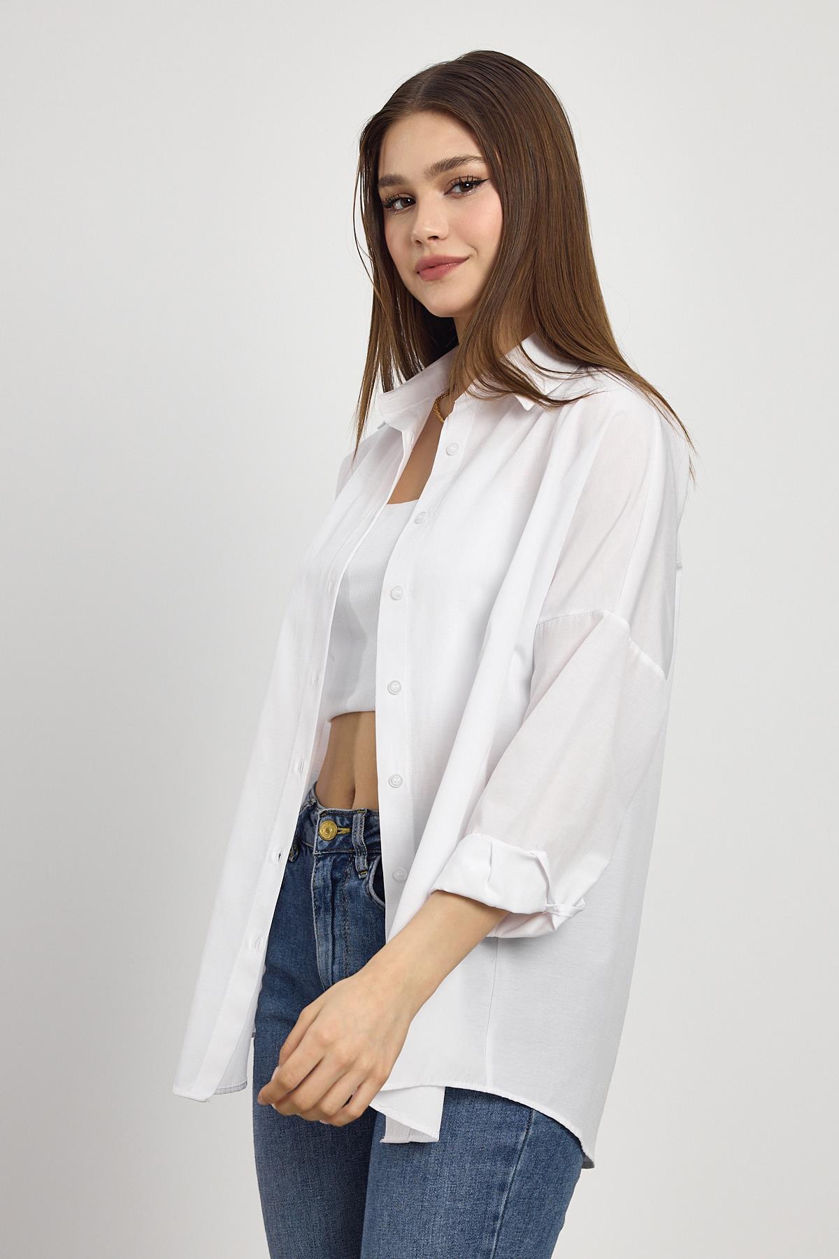 Beyaz Relaxed Fit Rahat Kesim Basic Gömlek - 6621A - 7