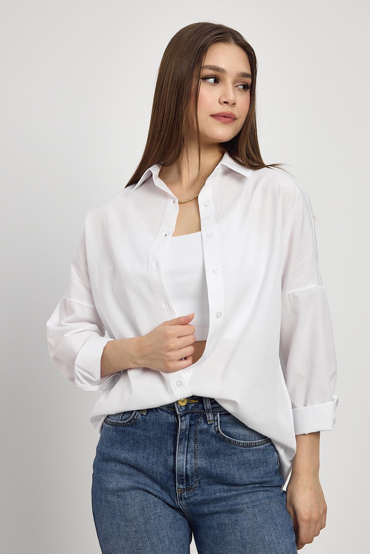Beyaz Relaxed Fit Rahat Kesim Basic Gömlek - 6621A - 8