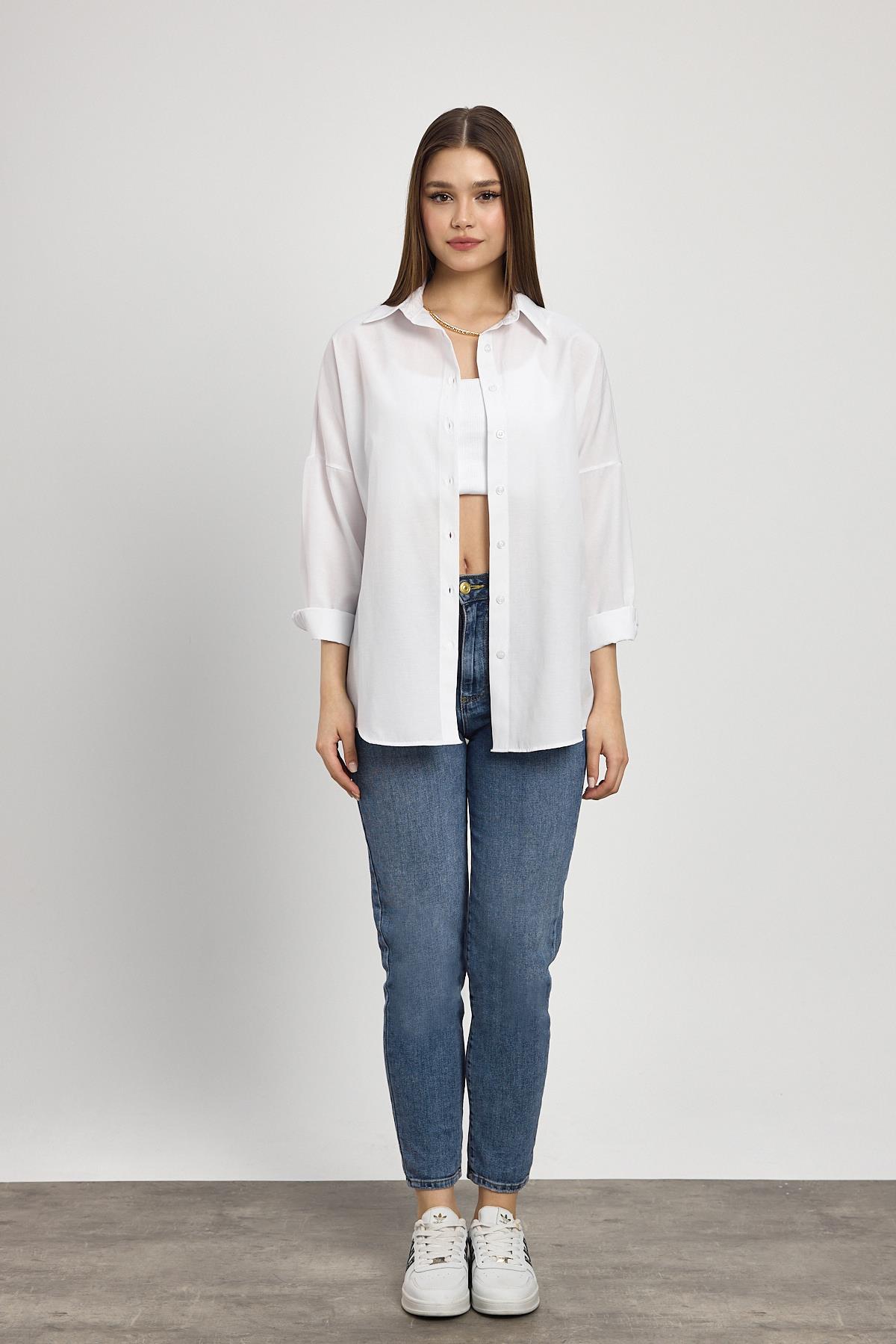 Beyaz Relaxed Fit Rahat Kesim Basic Gömlek - 6621A - 6