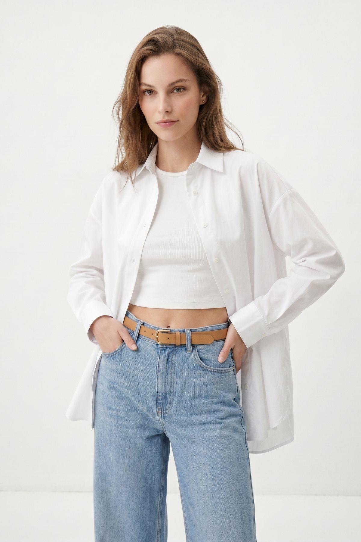 Beyaz Relaxed Fit Rahat Kesim Basic Gömlek - 6621A - RAYS