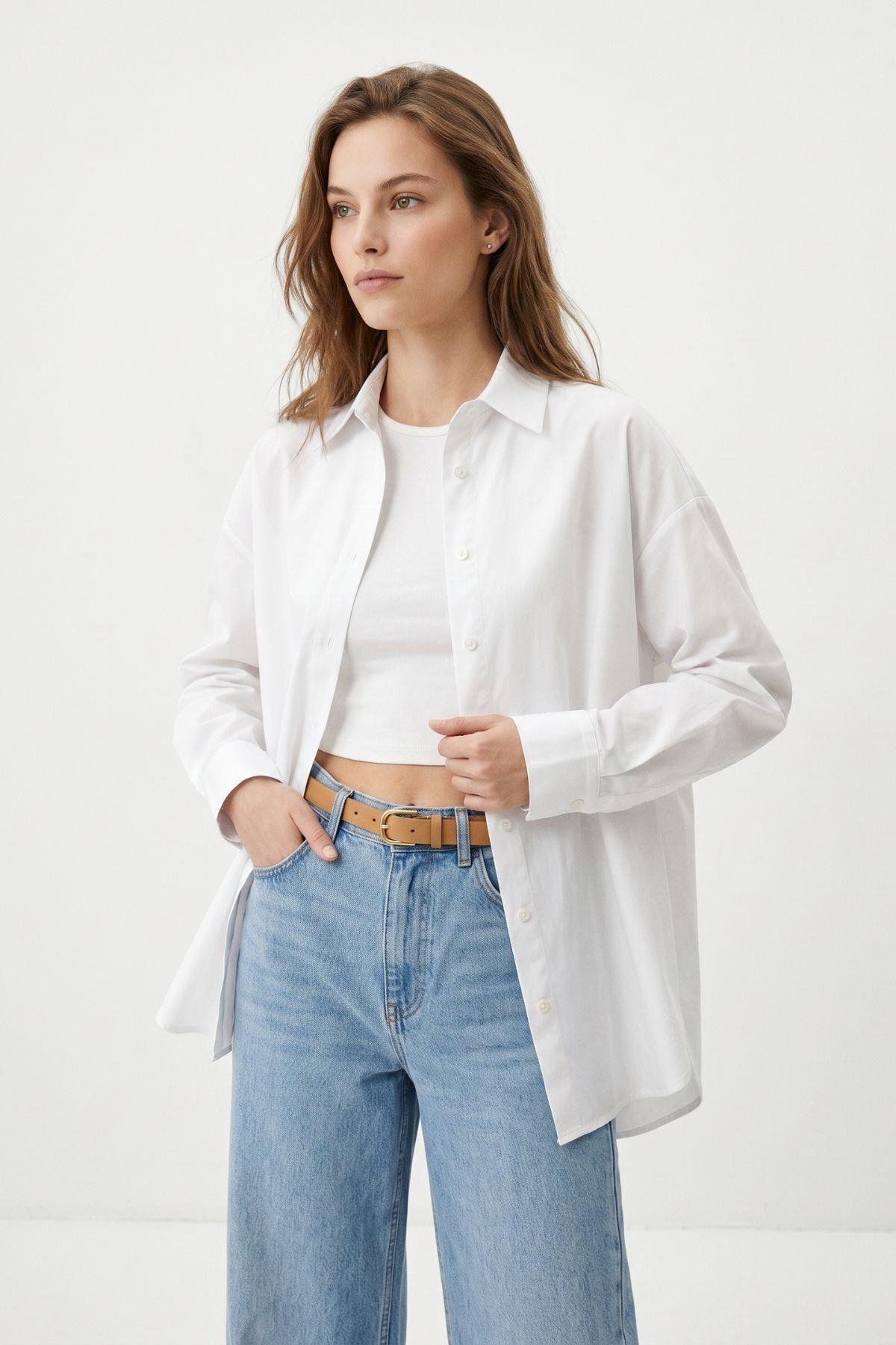 Beyaz Relaxed Fit Rahat Kesim Basic Gömlek - 6621A - RAYS