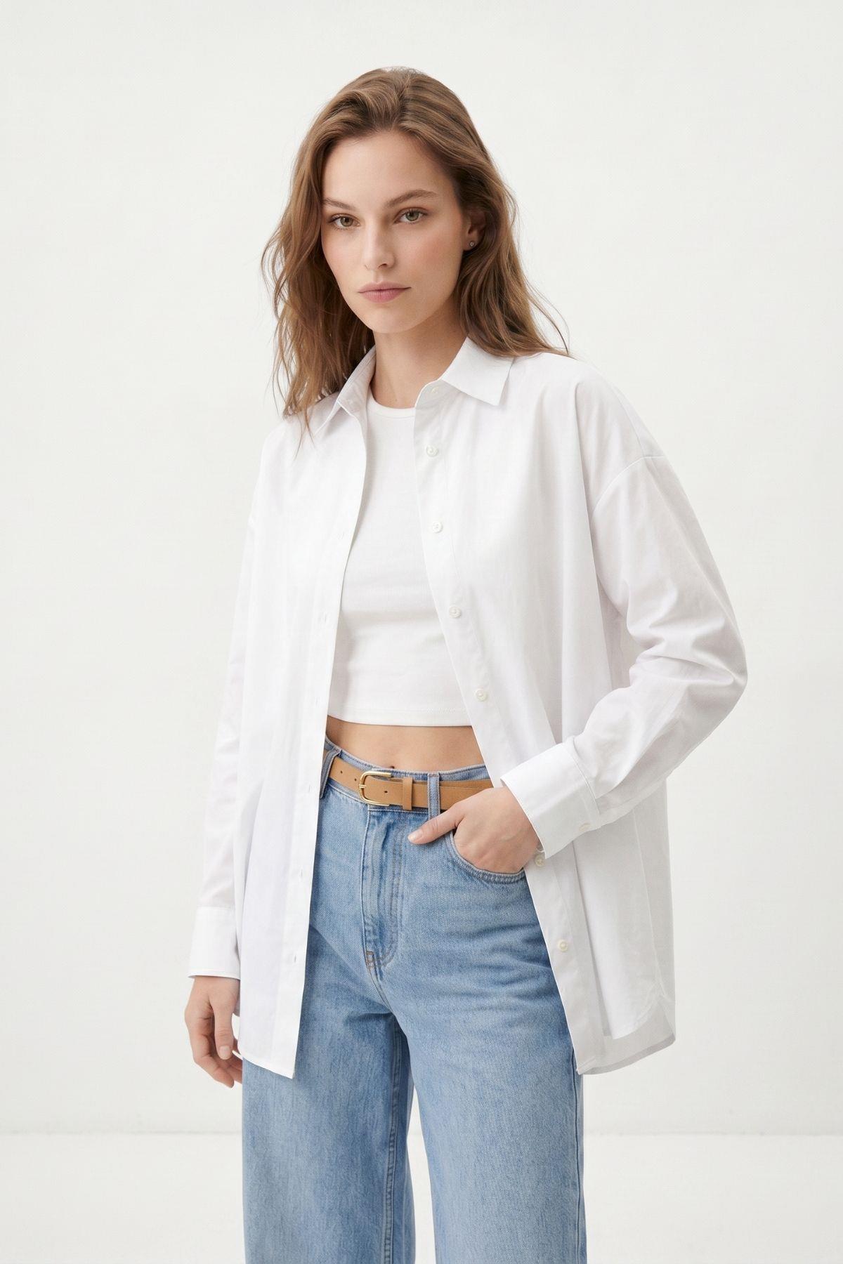 Beyaz Relaxed Fit Rahat Kesim Basic Gömlek - 6621A - 3