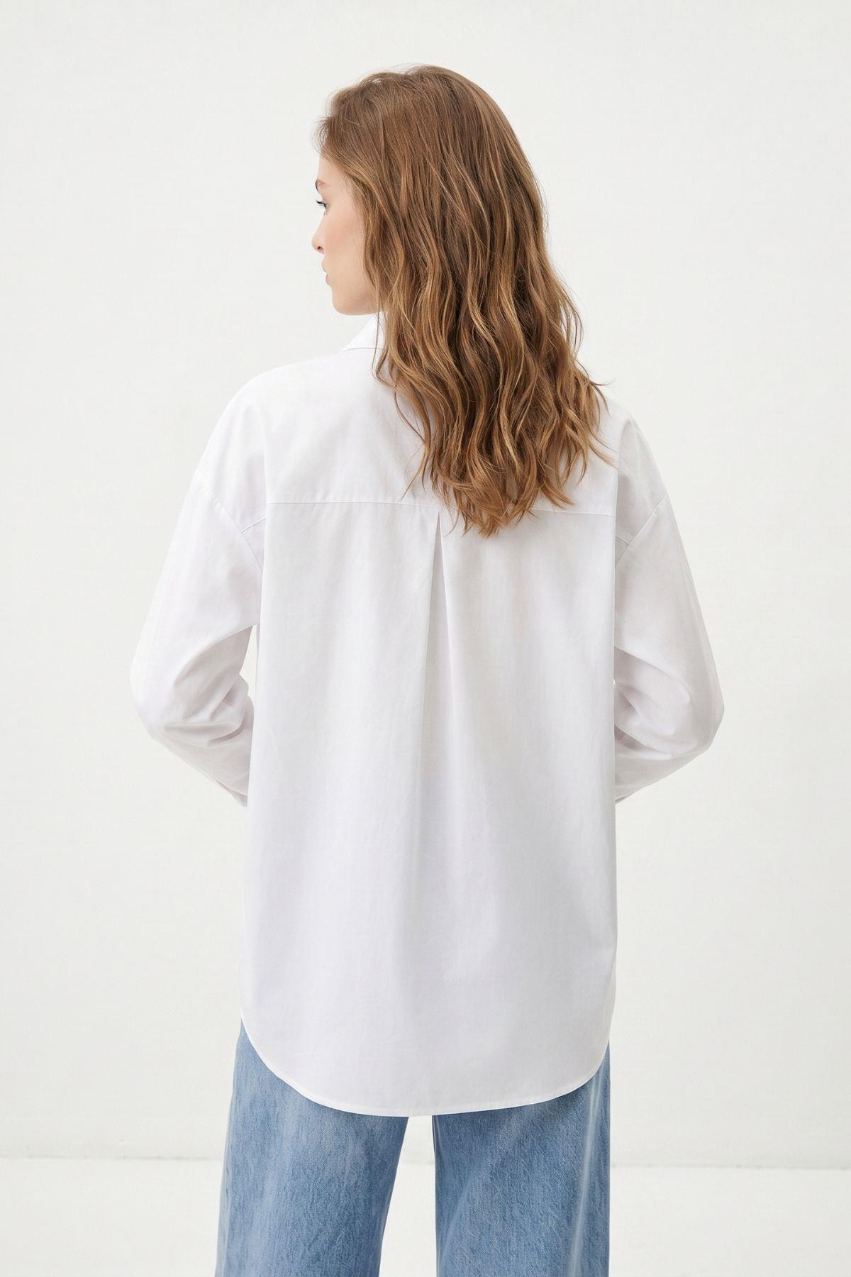 Beyaz Relaxed Fit Rahat Kesim Basic Gömlek - 6621A - 5