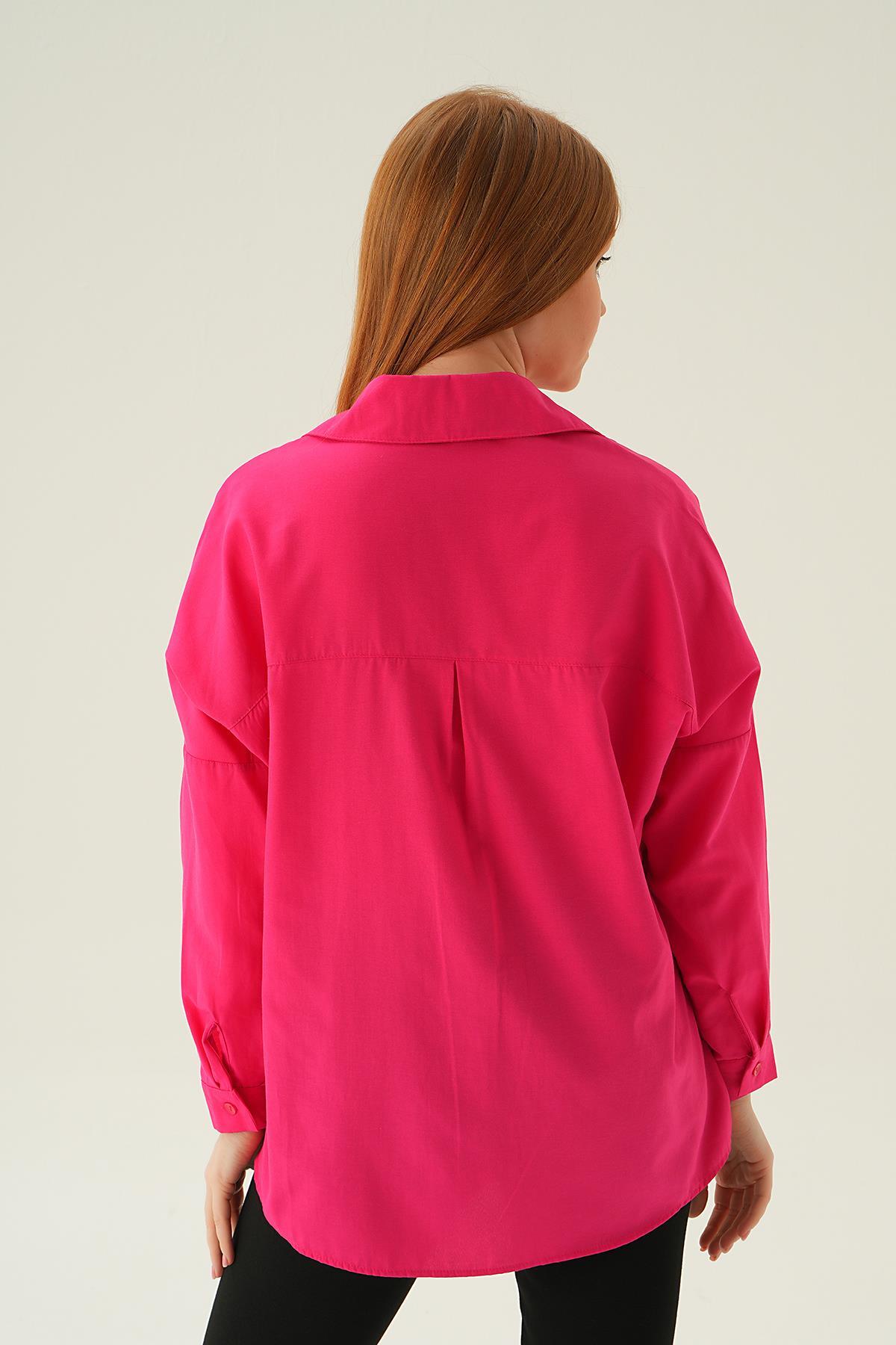 Fuşya Relaxed Fit Rahat Kesim Basic Gömlek - 6621A - 4