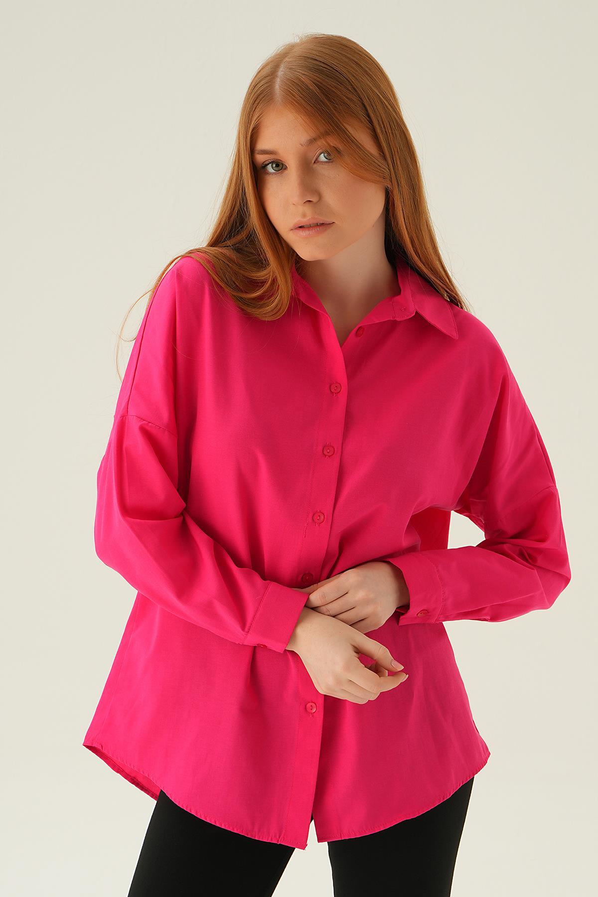 Fuşya Relaxed Fit Rahat Kesim Basic Gömlek - 6621A - 1