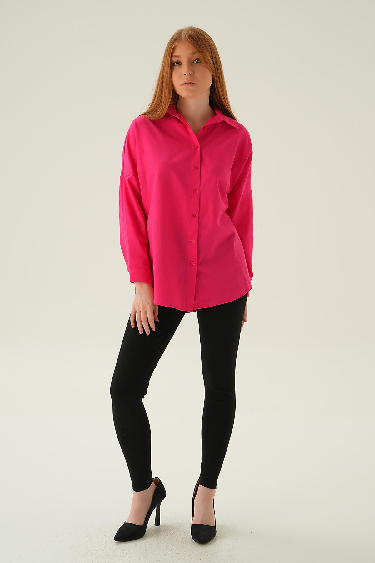Fuşya Relaxed Fit Rahat Kesim Basic Gömlek - 6621A - 2
