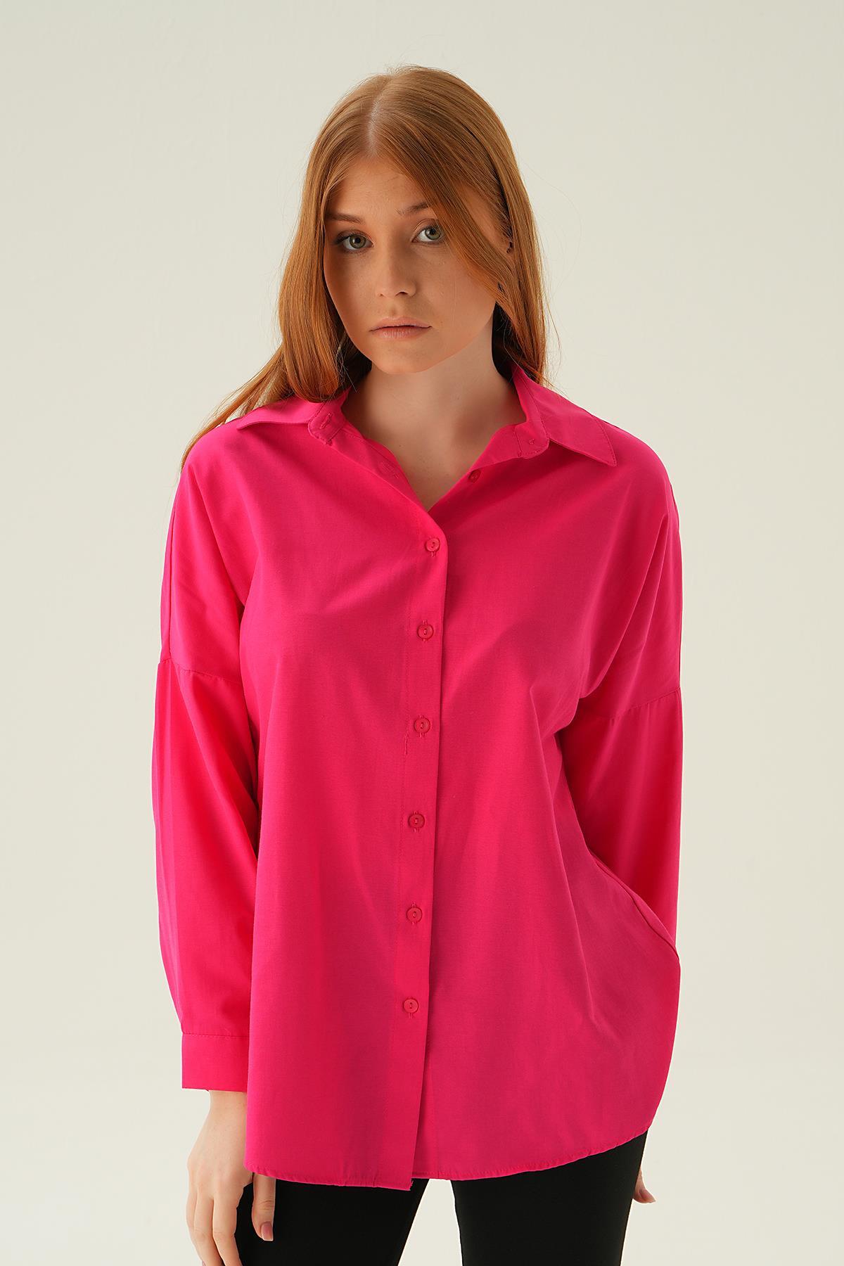 Fuşya Relaxed Fit Rahat Kesim Basic Gömlek - 6621A - 5