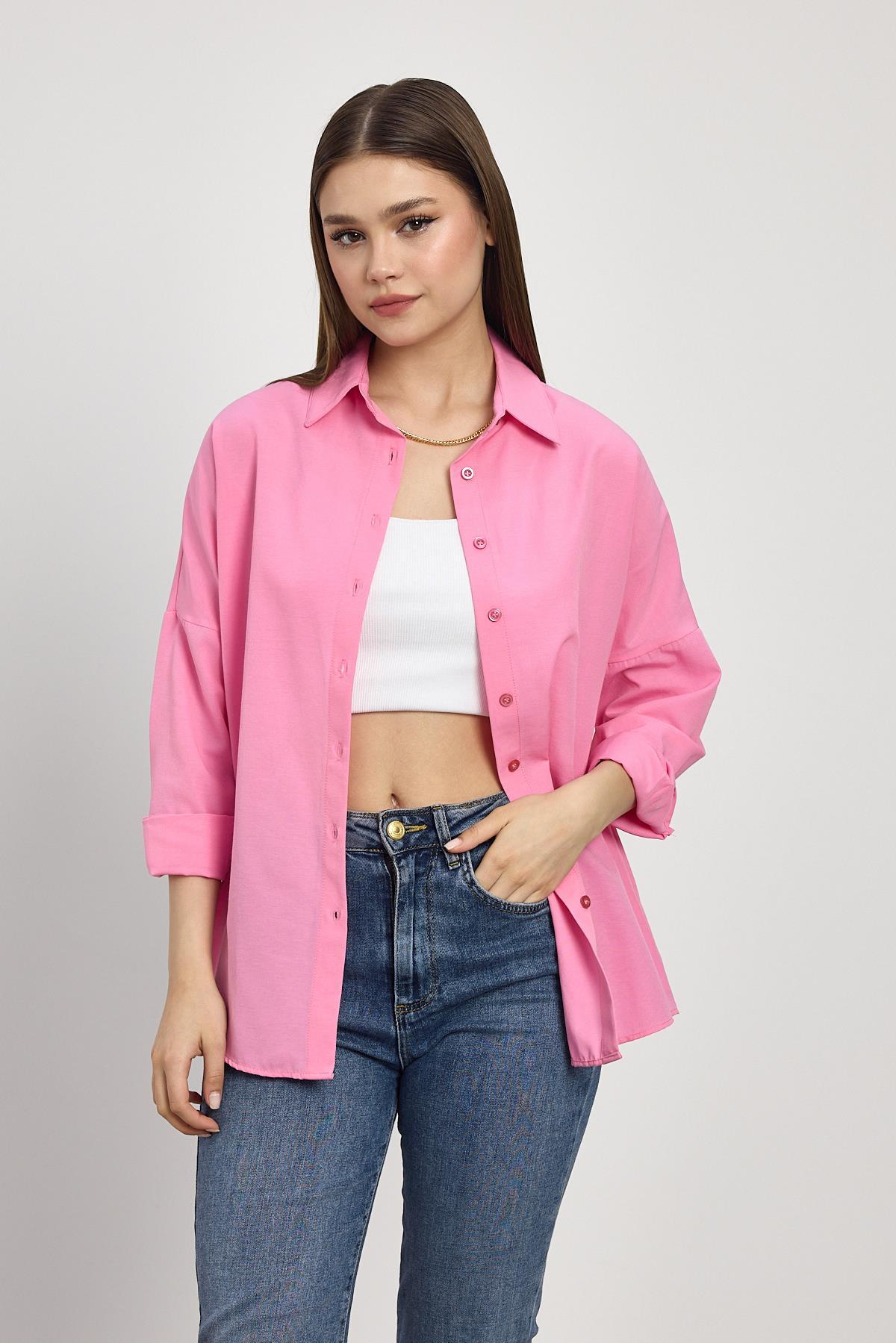 Pembe Relaxed Fit Rahat Kesim Basic Gömlek - 6621A - 2