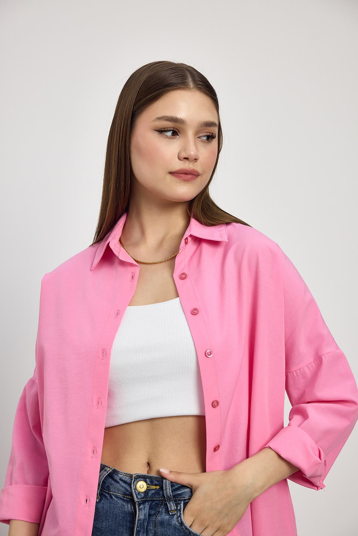 Pembe Relaxed Fit Rahat Kesim Basic Gömlek - 6621A - 4