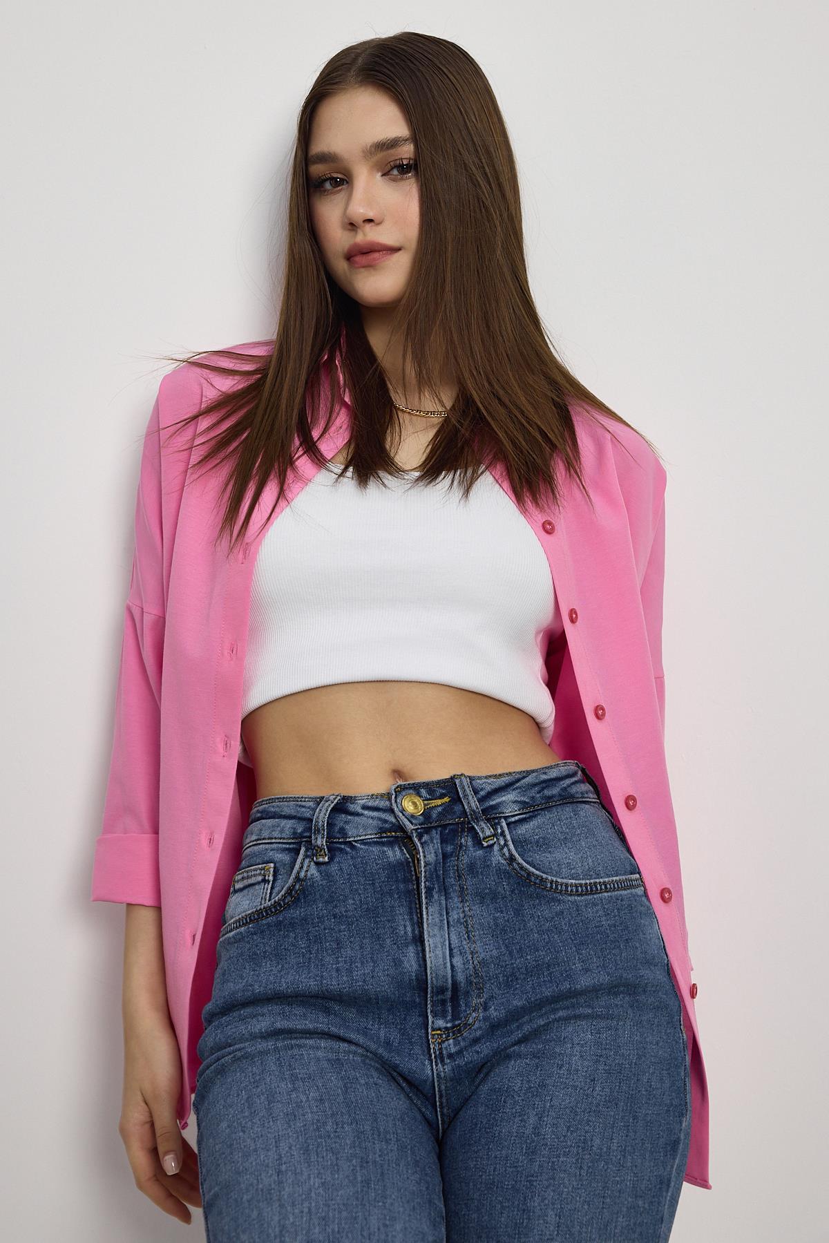 Pembe Relaxed Fit Rahat Kesim Basic Gömlek - 6621A - 7