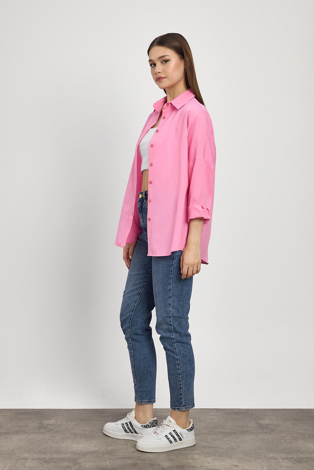 Pembe Relaxed Fit Rahat Kesim Basic Gömlek - 6621A - 6