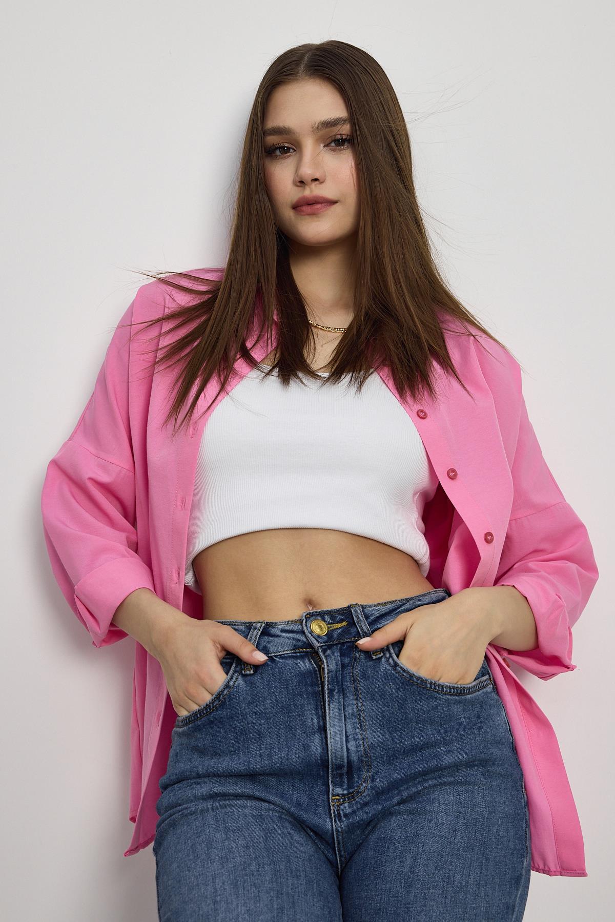 Pembe Relaxed Fit Rahat Kesim Basic Gömlek - 6621A - 1