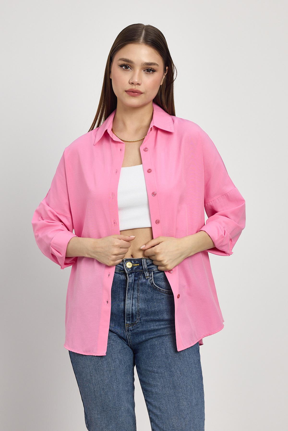 Pembe Relaxed Fit Rahat Kesim Basic Gömlek - 6621A - 8