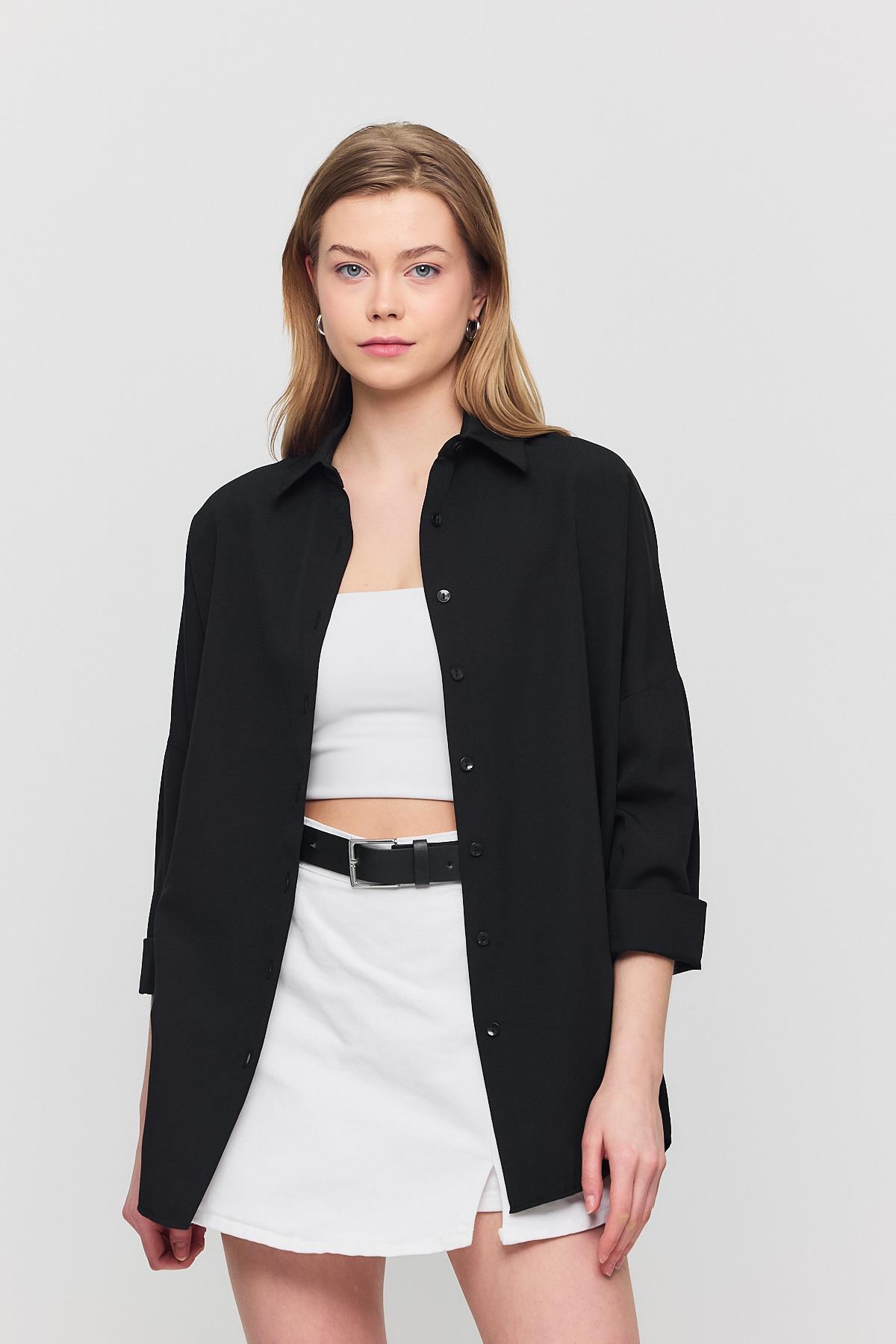 Siyah Relaxed Fit Rahat Kesim Basic Gömlek - 6621A - 1