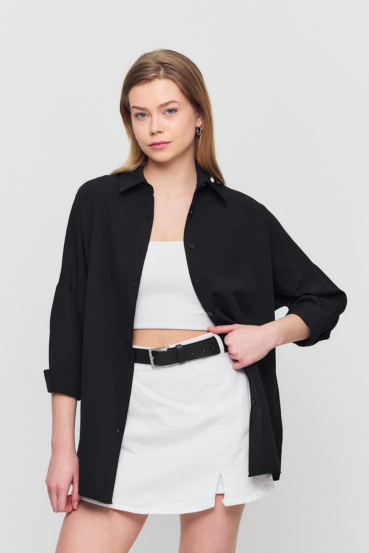 Siyah Relaxed Fit Rahat Kesim Basic Gömlek - 6621A - 2