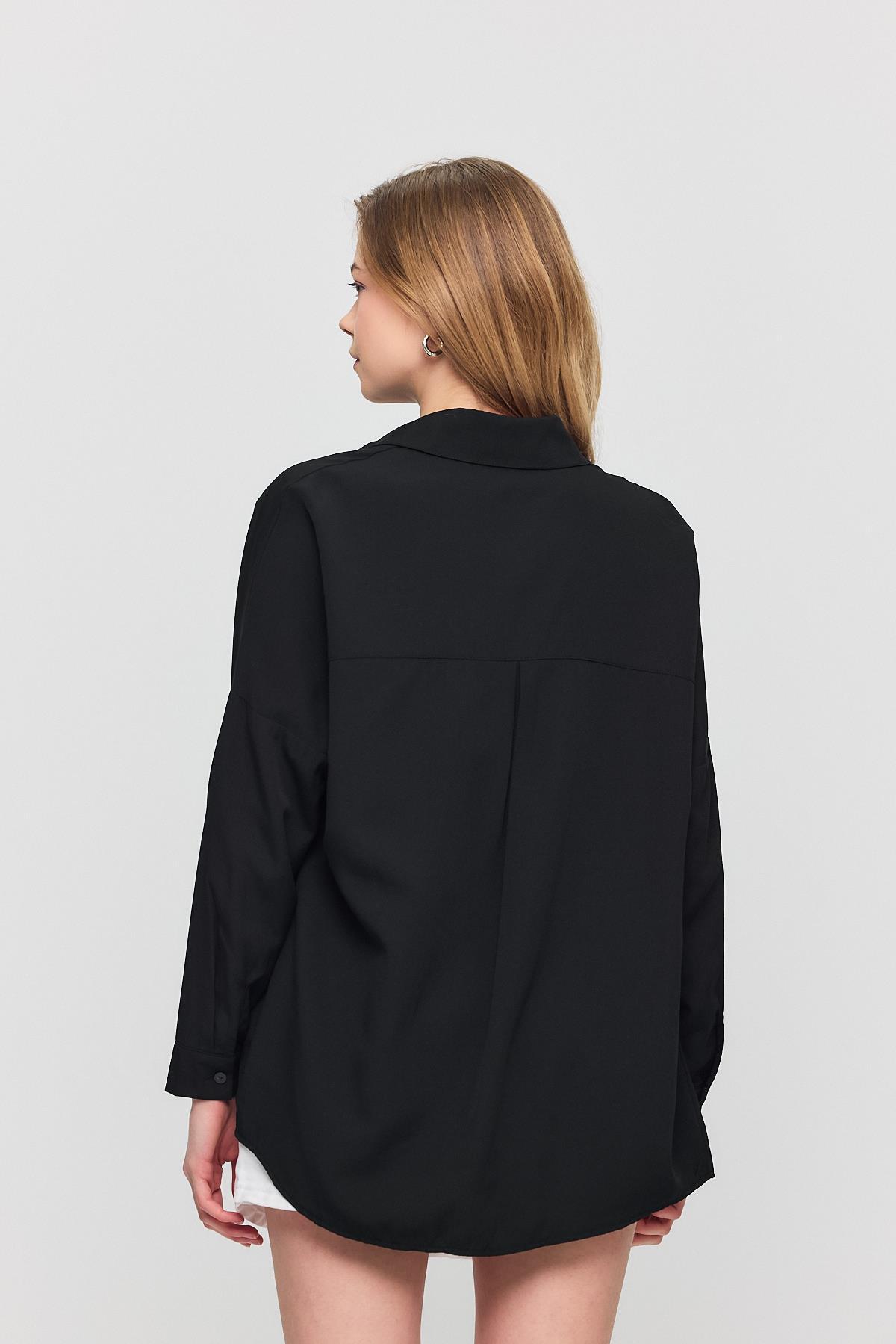 Siyah Relaxed Fit Rahat Kesim Basic Gömlek - 6621A - 5
