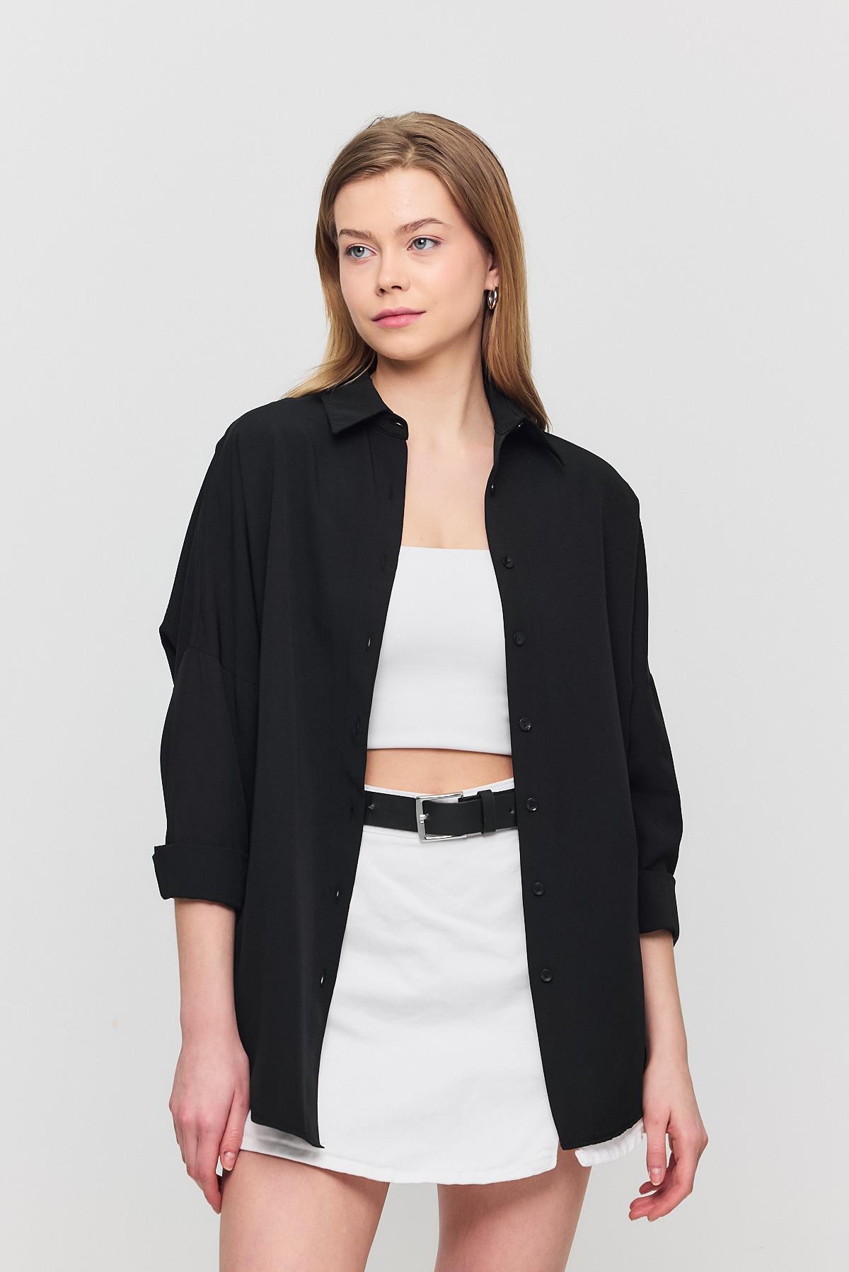 Siyah Relaxed Fit Rahat Kesim Basic Gömlek - 6621A - 6