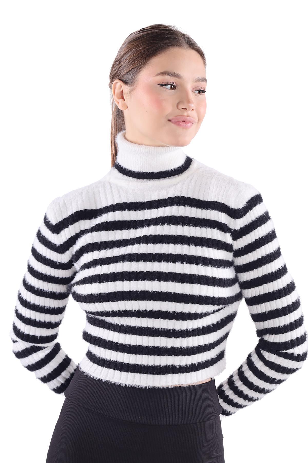 Ekru Boğazlı Çizgili Yumoş Kazak 6622 - 7