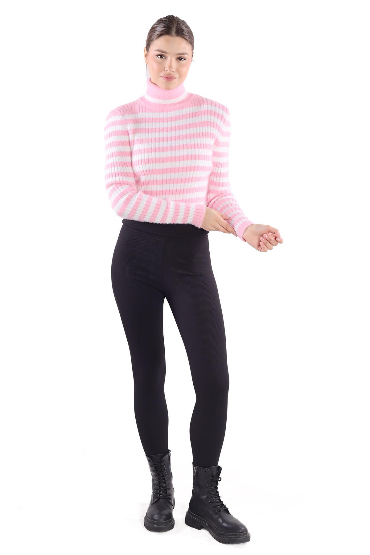 Boğazlı Çizgili Yumoş Kazak 6622 Pembe - 6