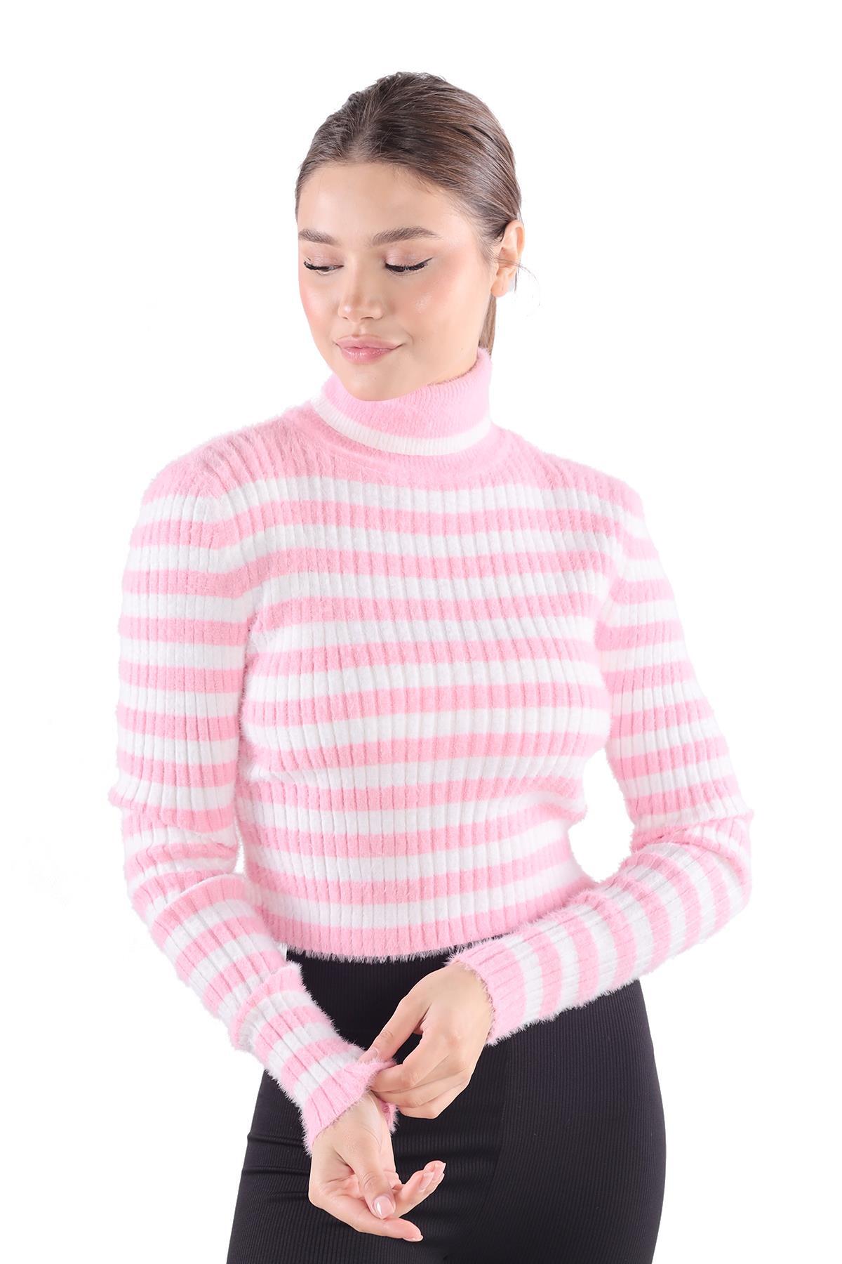 6622 Boğazlı Çizgili Yumoş Kazak Pembe 