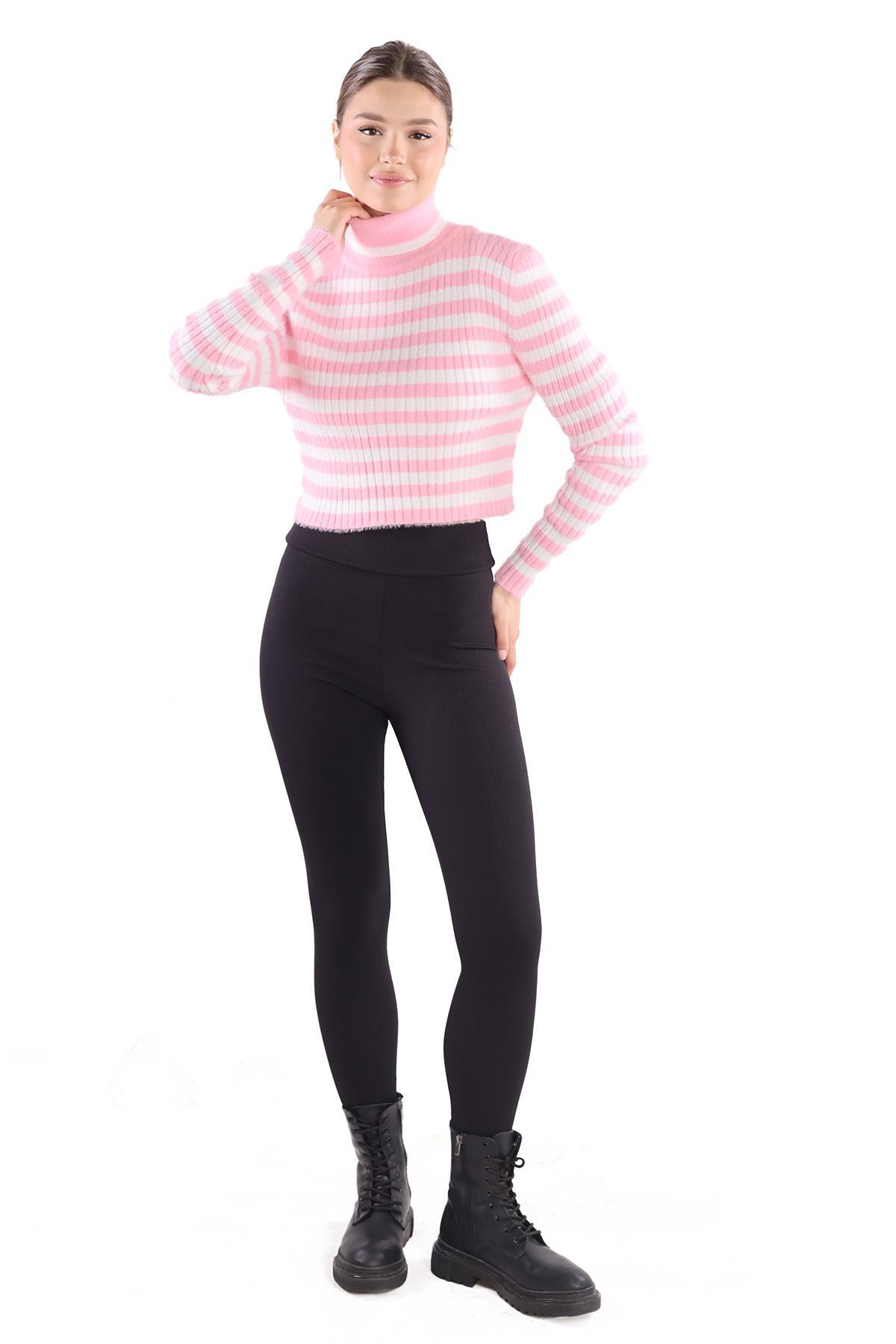 Pembe Boğazlı Çizgili Yumoş Kazak 6622 - 2