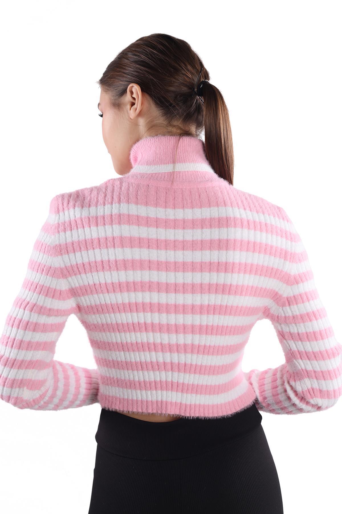 Pembe Boğazlı Çizgili Yumoş Kazak 6622 - 5