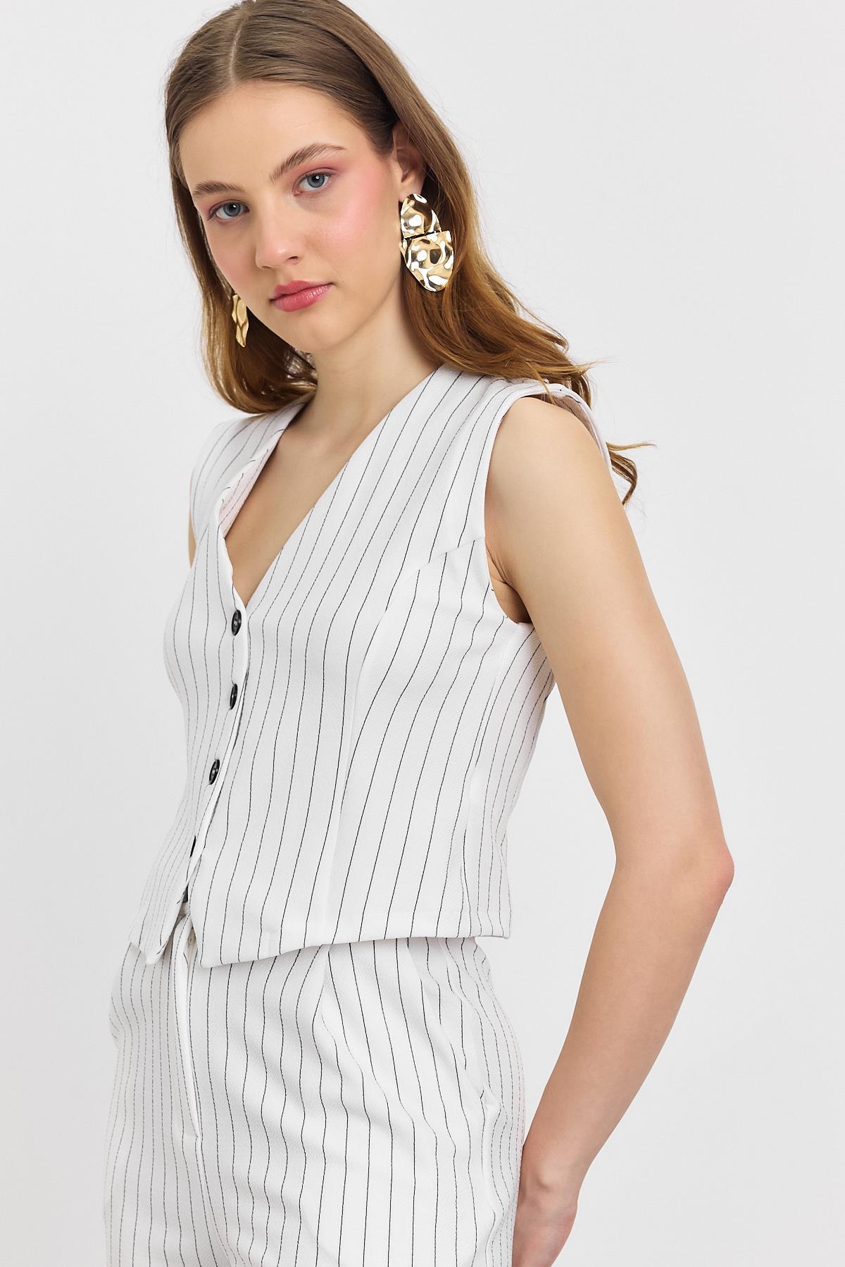 6622A Önü Düğmeli Çizgili Yelek Pantolon Takım Ekru - 4