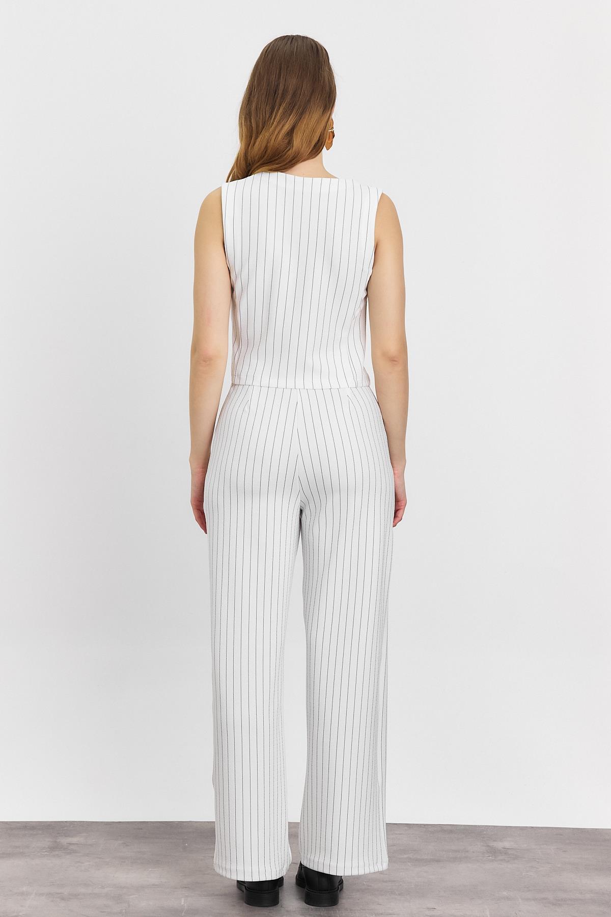 Ekru Önü Düğmeli Çizgili Yelek Takım 6622A - 5