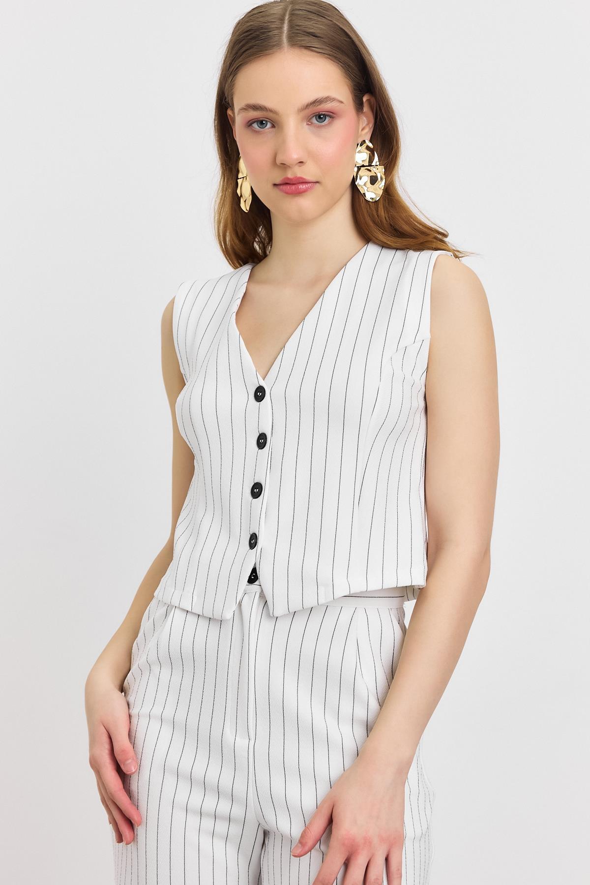Ekru Önü Düğmeli Çizgili Yelek Takım 6622A - 6