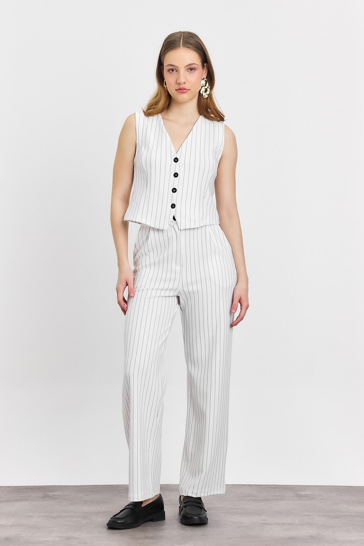 Ekru Önü Düğmeli Çizgili Yelek Takım 6622A - 7
