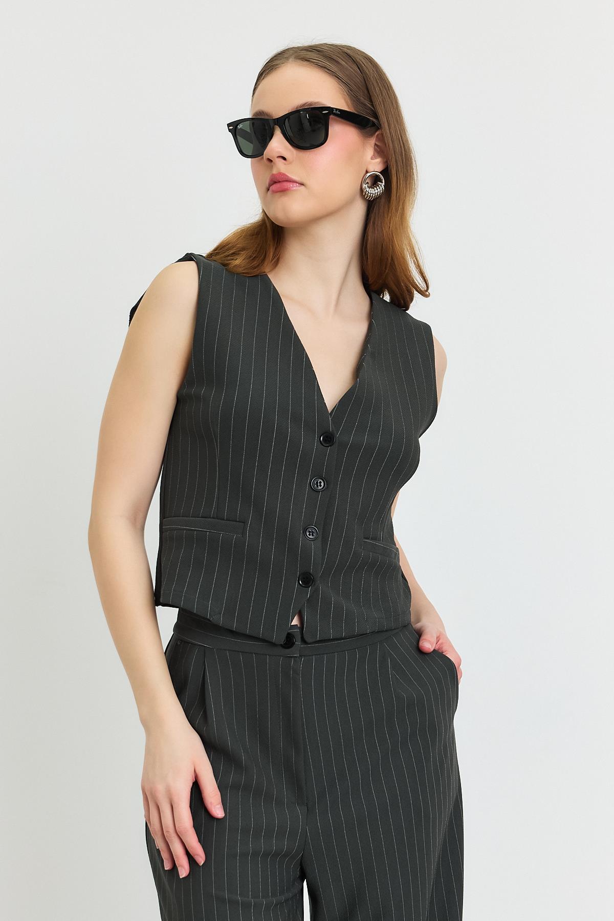 Füme Önü Düğmeli Çizgili Yelek Takım 6622A - 3