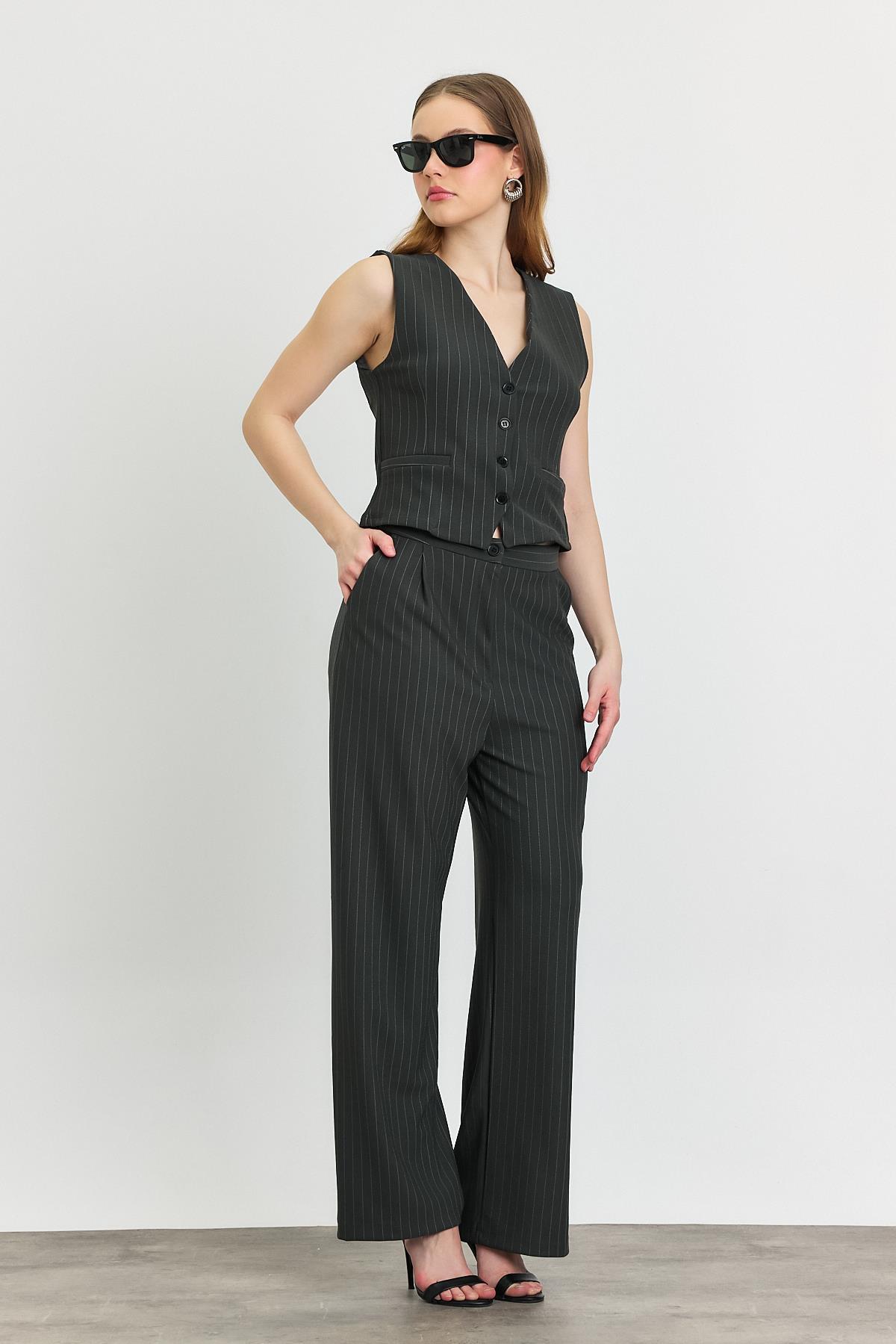 Füme Önü Düğmeli Çizgili Yelek Takım 6622A - 4