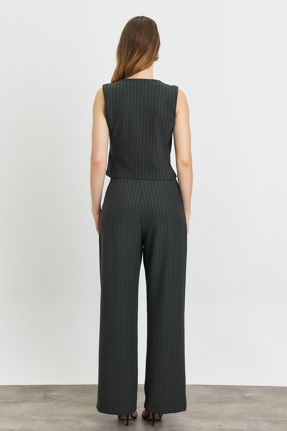 Füme Önü Düğmeli Çizgili Yelek Takım 6622A - 5